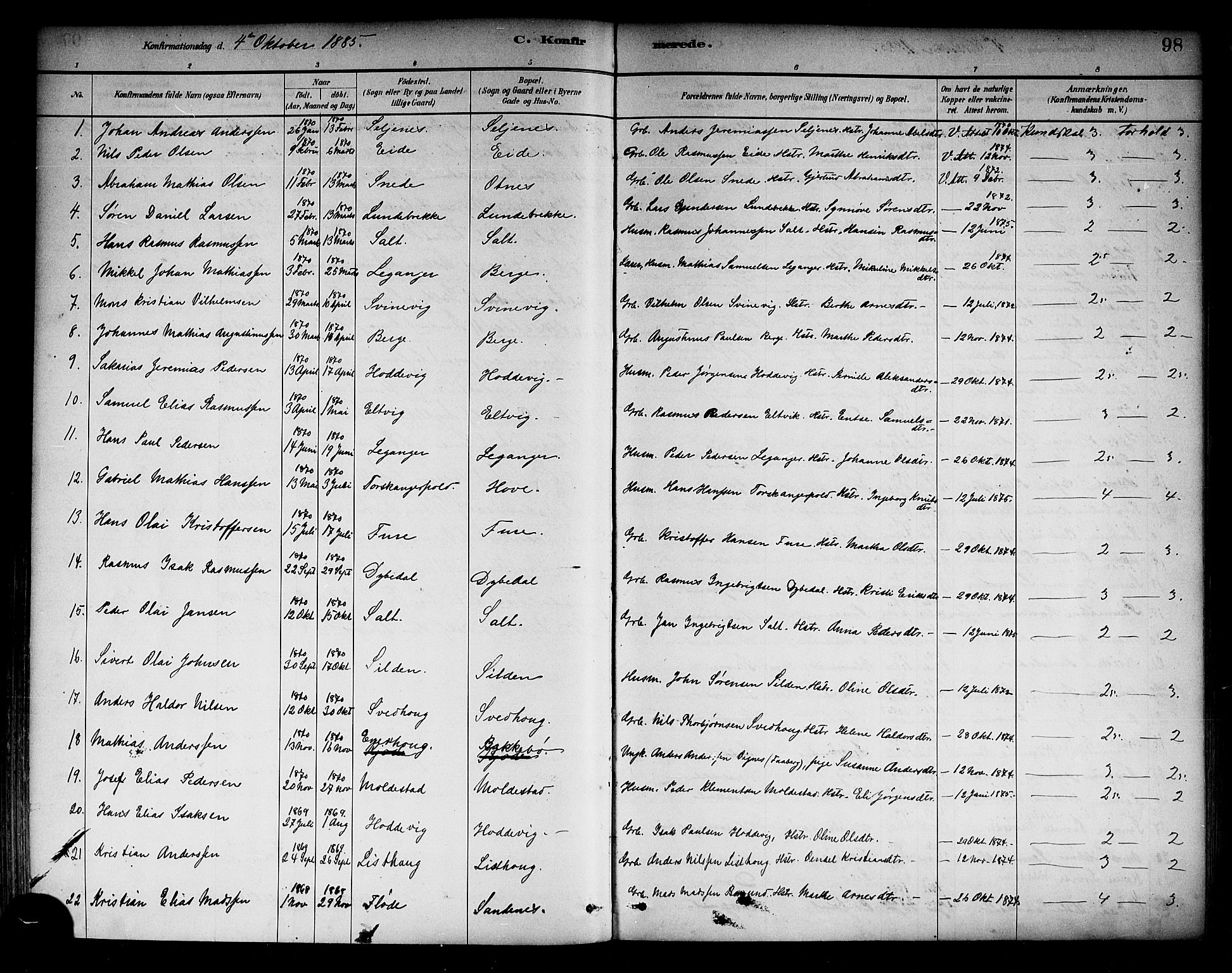 Selje sokneprestembete, SAB/A-99938/H/Ha/Haa/Haab: Parish register (official) no. B 1, 1881-1890, p. 98