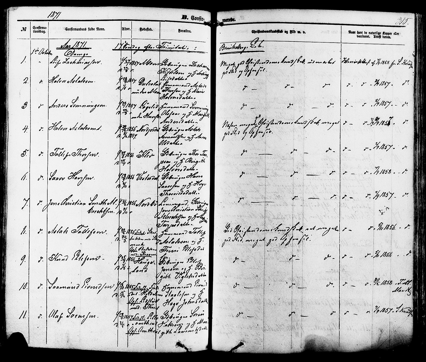 Kviteseid kirkebøker, SAKO/A-276/F/Fa/L0007: Parish register (official) no. I 7, 1859-1881, p. 315