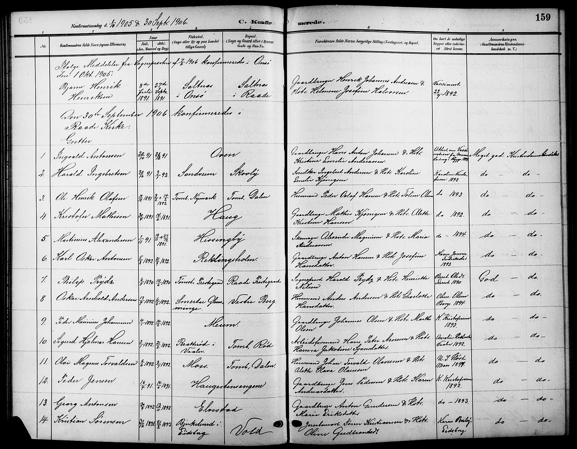 Råde prestekontor kirkebøker, AV/SAO-A-2009/G/Ga/L0001: Parish register (copy) no. 1, 1903-1925, p. 159