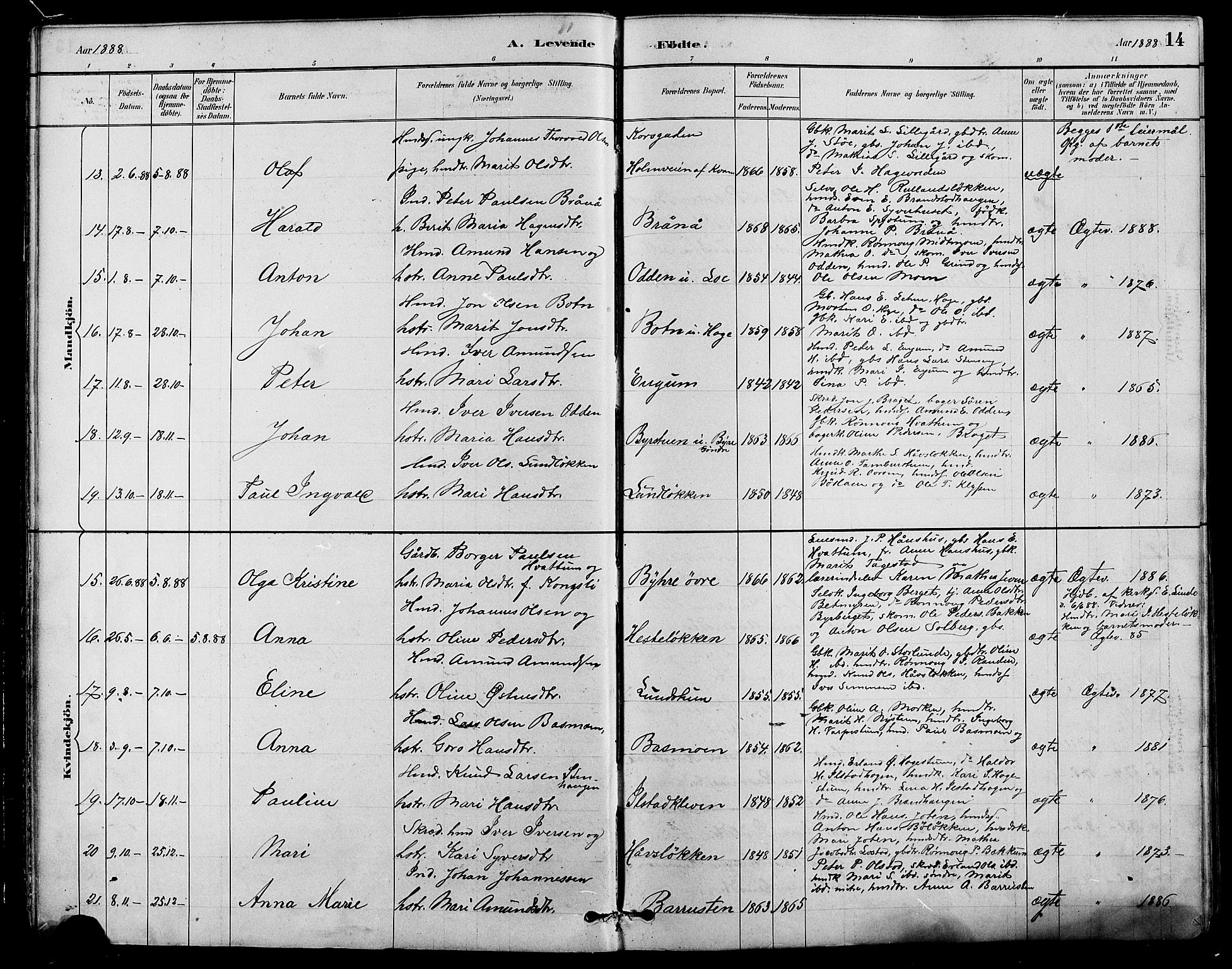 Nord-Fron prestekontor, AV/SAH-PREST-080/H/Ha/Hab/L0004: Parish register (copy) no. 4, 1884-1914, p. 14