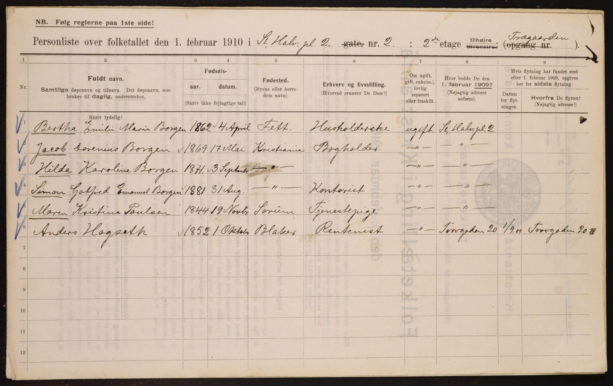 OBA, Municipal Census 1910 for Kristiania, 1910, p. 84052