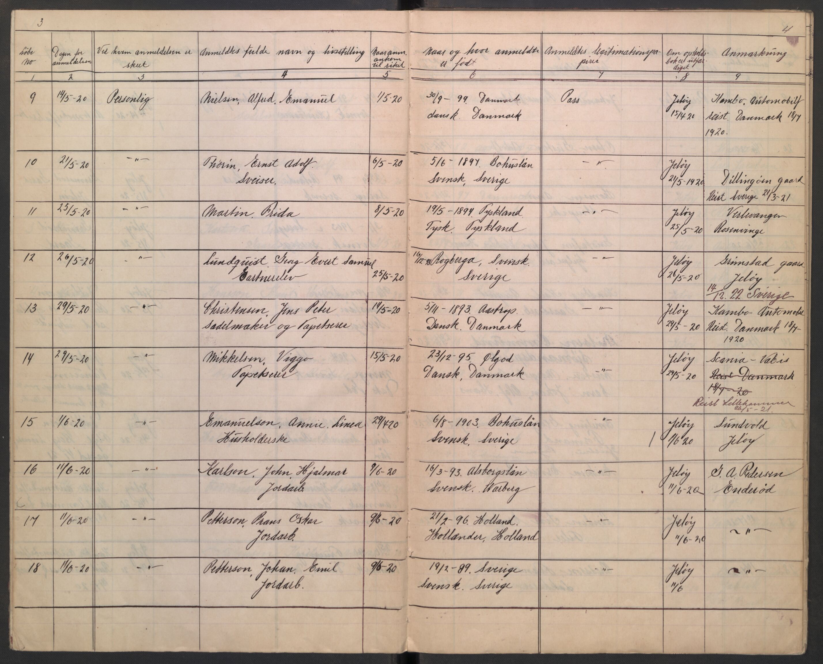 Rygge lensmannskontor, AV/SAO-A-10005/I/Ic/Ica/L0003: Protokoll over fremmede statsborgere, 1920-1926, p. 3-4