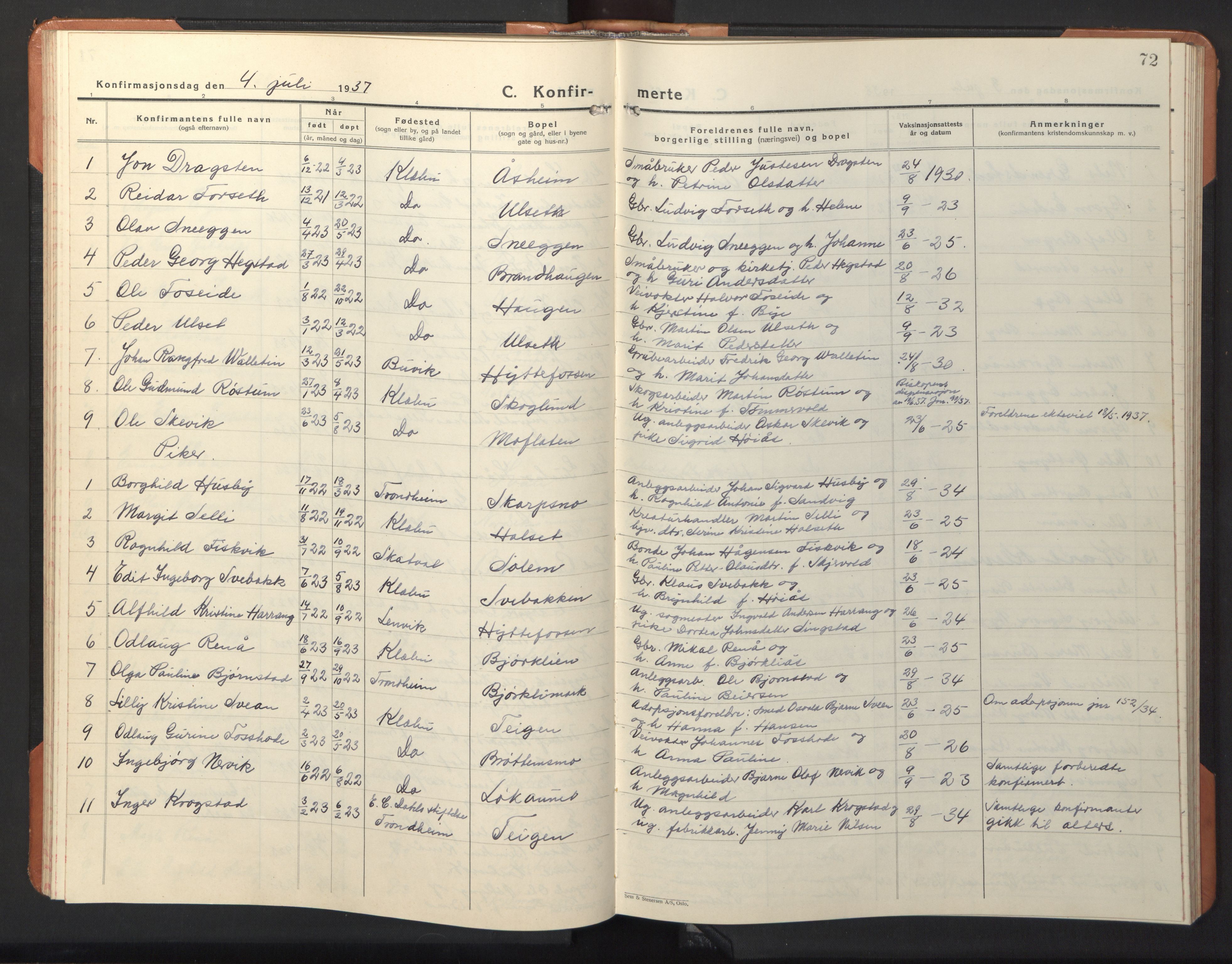 Ministerialprotokoller, klokkerbøker og fødselsregistre - Sør-Trøndelag, SAT/A-1456/618/L0454: Parish register (copy) no. 618C05, 1926-1946, p. 72
