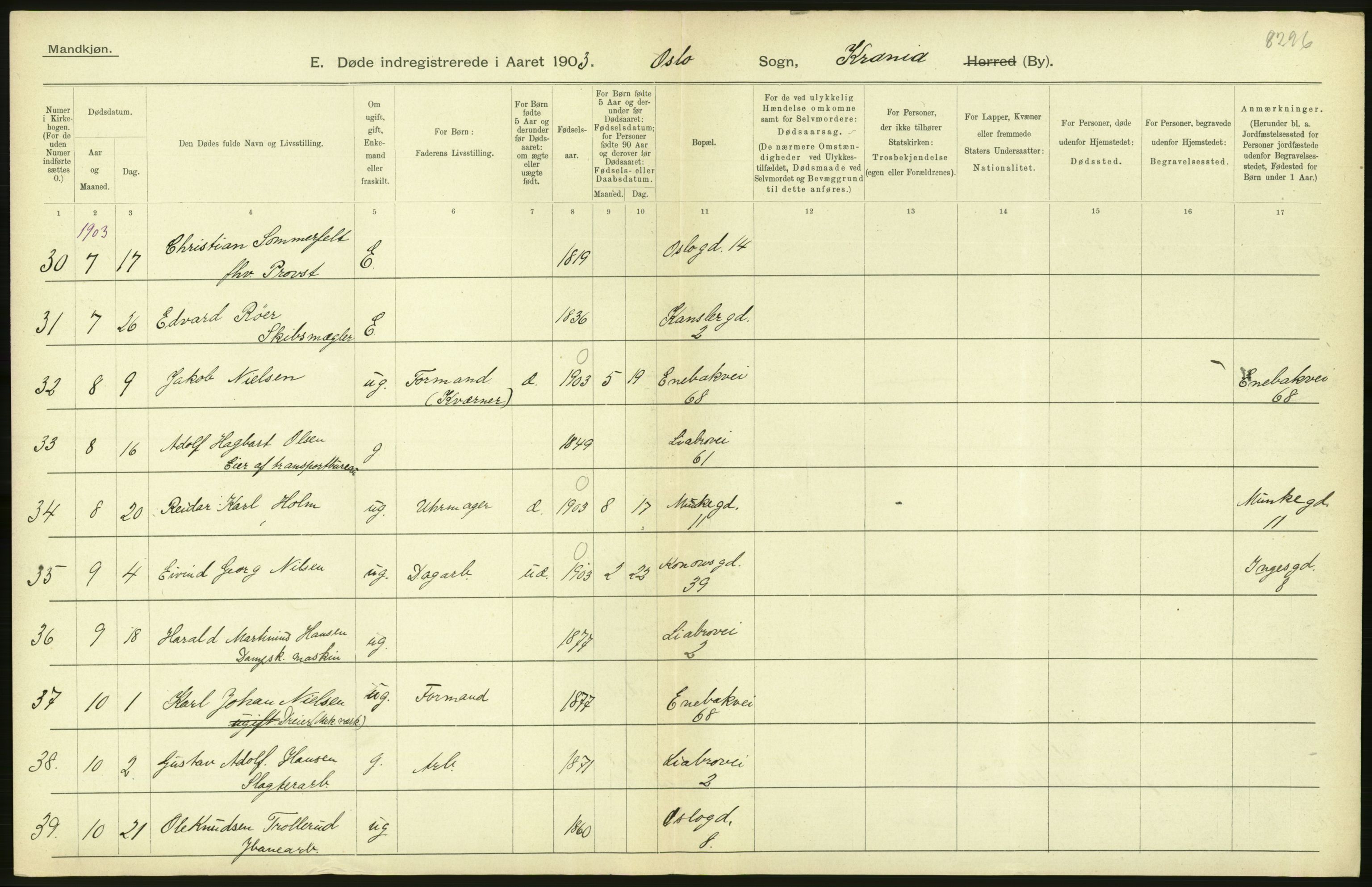 Statistisk sentralbyrå, Sosiodemografiske emner, Befolkning, AV/RA-S-2228/D/Df/Dfa/Dfaa/L0004: Kristiania: Gifte, døde, 1903, p. 290