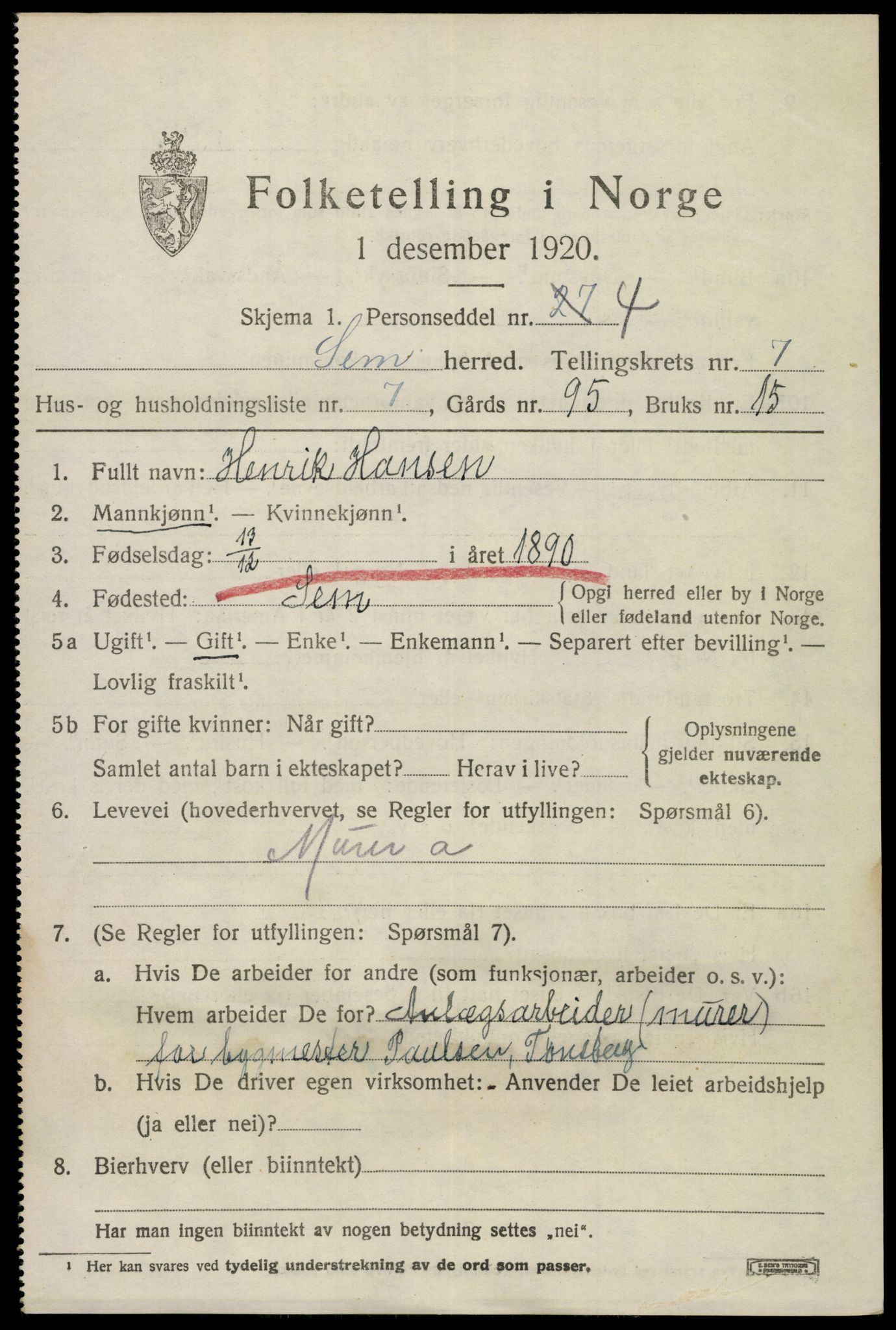 SAKO, 1920 census for Sem, 1920, p. 10395