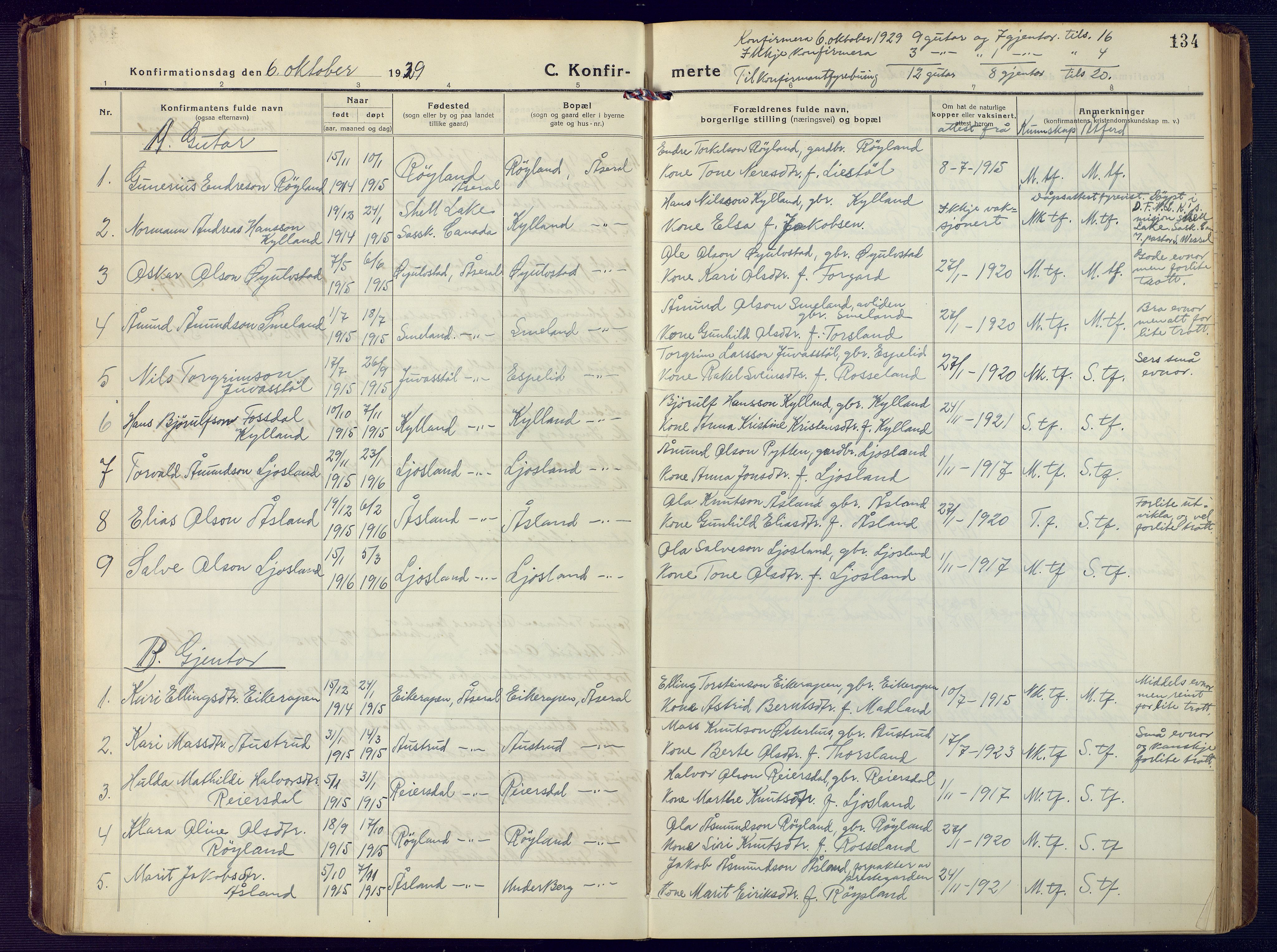 Åseral sokneprestkontor, SAK/1111-0051/F/Fb/L0004: Parish register (copy) no. B 4, 1920-1946, p. 134