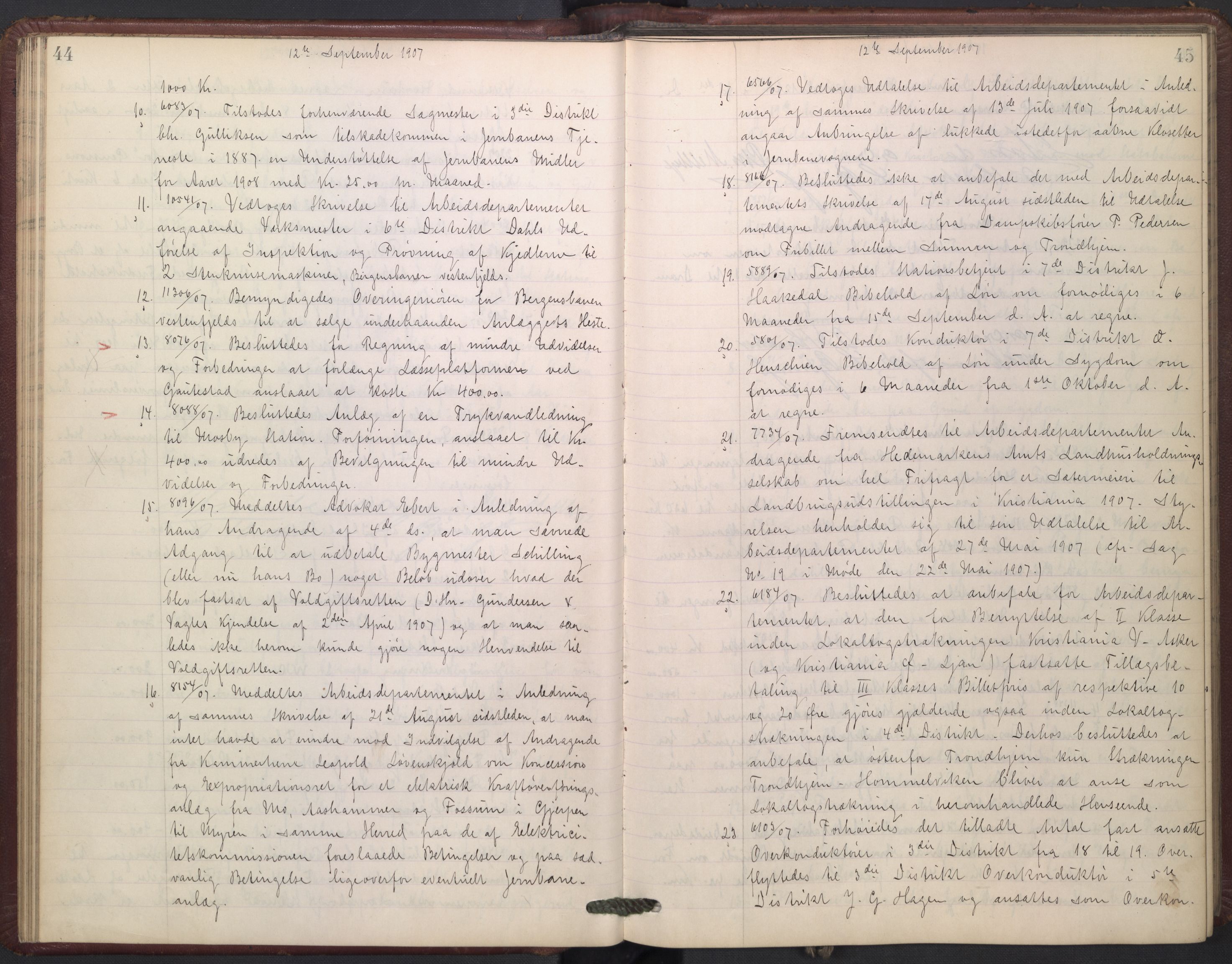 Norges statsbaner, Administrasjons- økonomi- og personalavdelingen, AV/RA-S-3412/A/Aa/L0009: Forhandlingsprotokoll, 1907-1909, p. 44-45