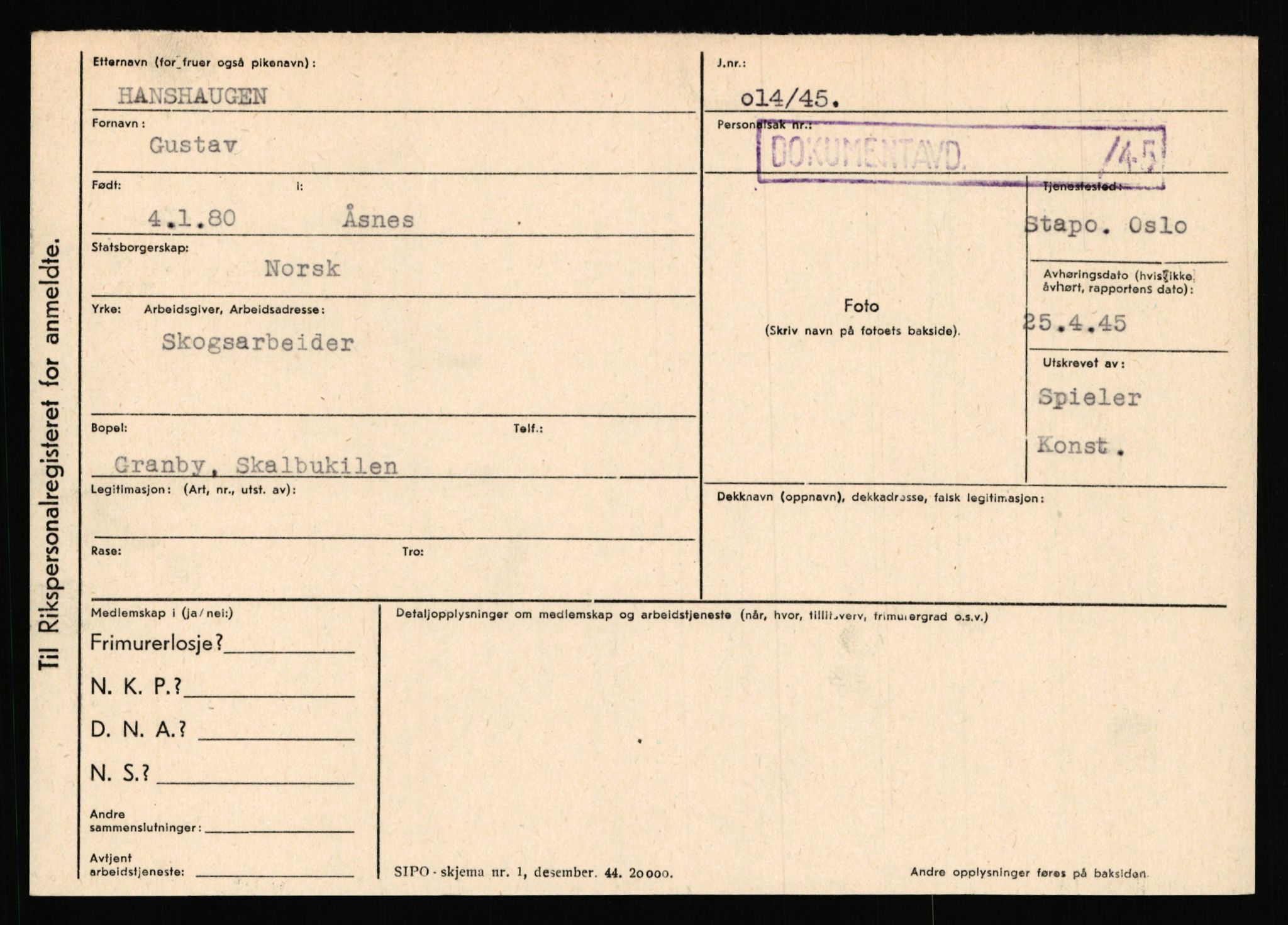 Statspolitiet - Hovedkontoret / Osloavdelingen, AV/RA-S-1329/C/Ca/L0006: Hanche - Hokstvedt, 1943-1945, p. 1710