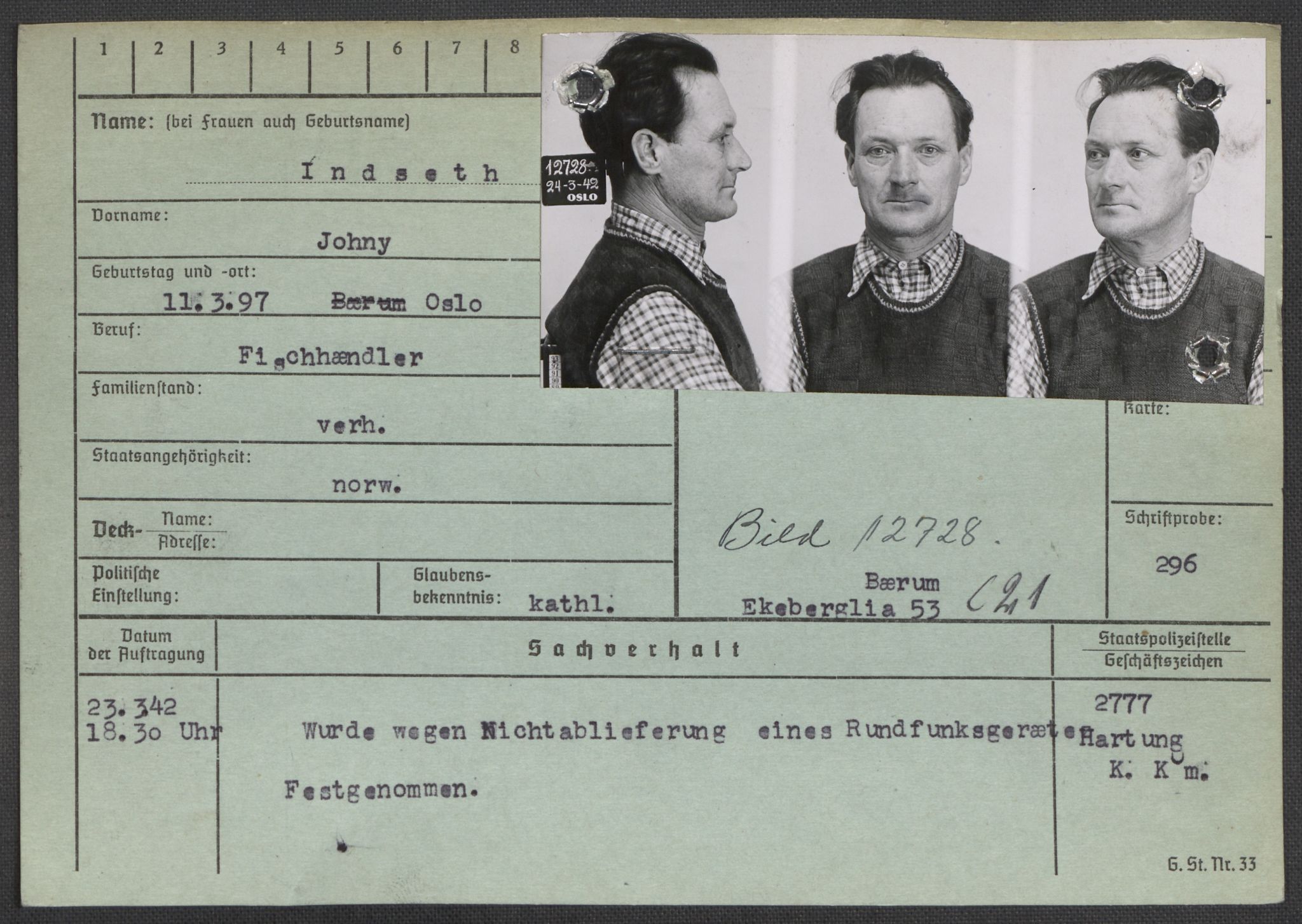 Befehlshaber der Sicherheitspolizei und des SD, RA/RAFA-5969/E/Ea/Eaa/L0005: Register over norske fanger i Møllergata 19: Hø-Kj, 1940-1945, p. 128