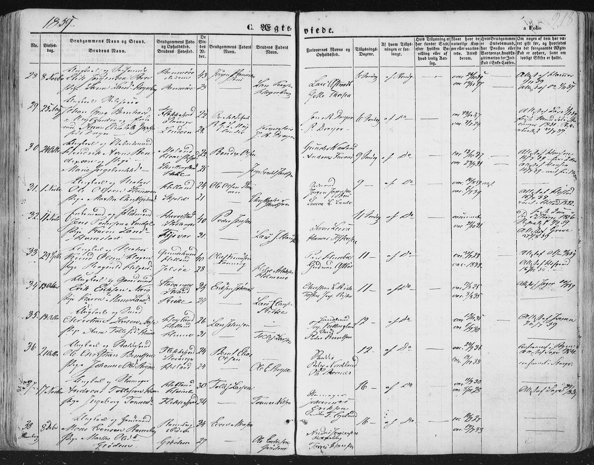 Hetland sokneprestkontor, AV/SAST-A-101826/30/30BA/L0002: Parish register (official) no. A 2, 1849-1869, p. 218