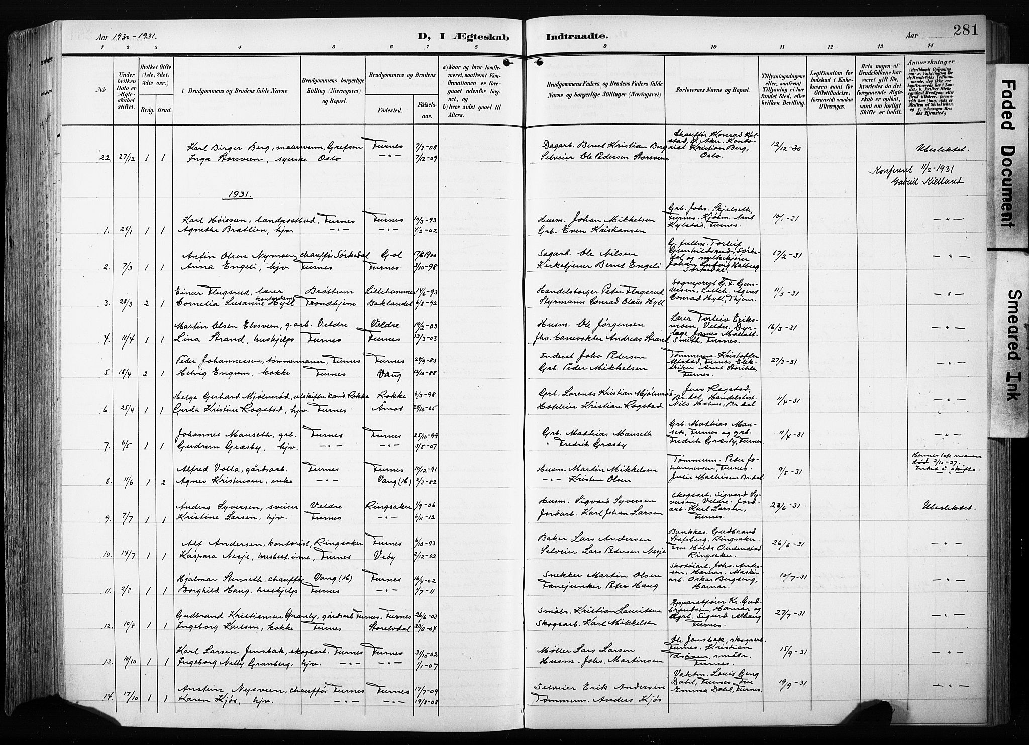 Furnes prestekontor, AV/SAH-PREST-012/L/La/L0001: Parish register (copy) no. 1, 1904-1933, p. 281