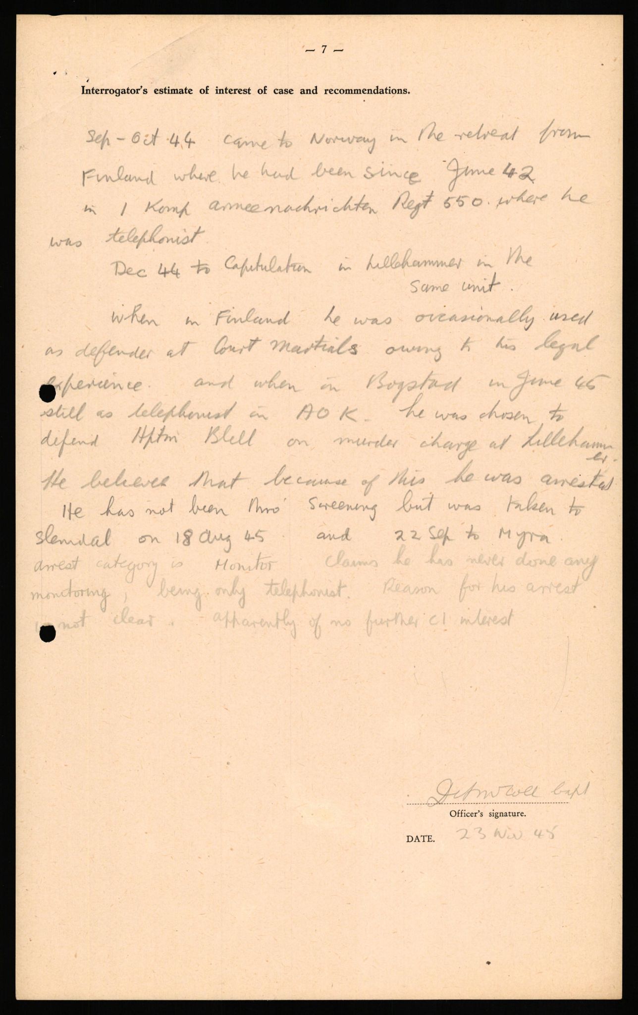 Forsvaret, Forsvarets overkommando II, AV/RA-RAFA-3915/D/Db/L0026: CI Questionaires. Tyske okkupasjonsstyrker i Norge. Tyskere., 1945-1946, p. 45