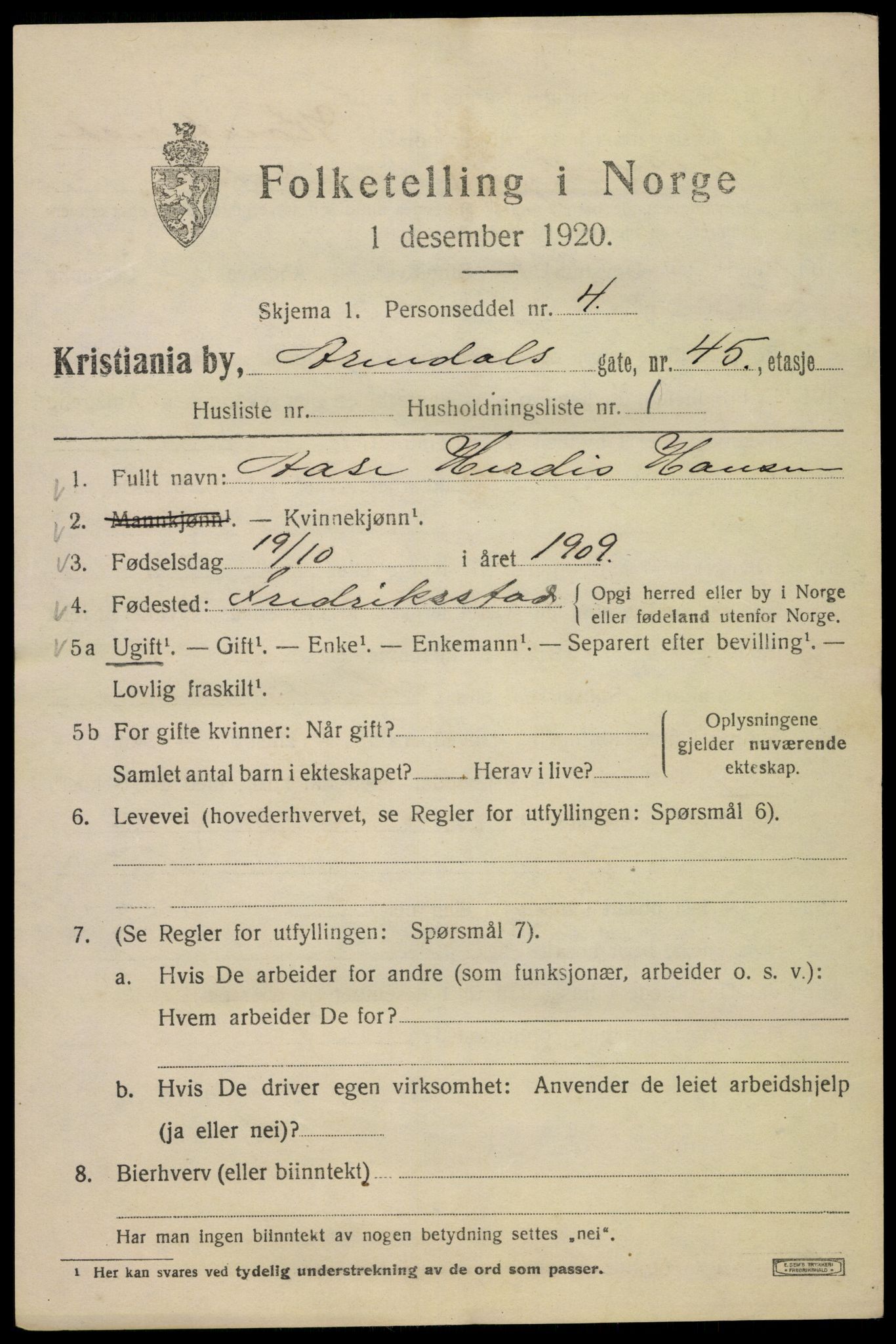 SAO, 1920 census for Kristiania, 1920, p. 145007