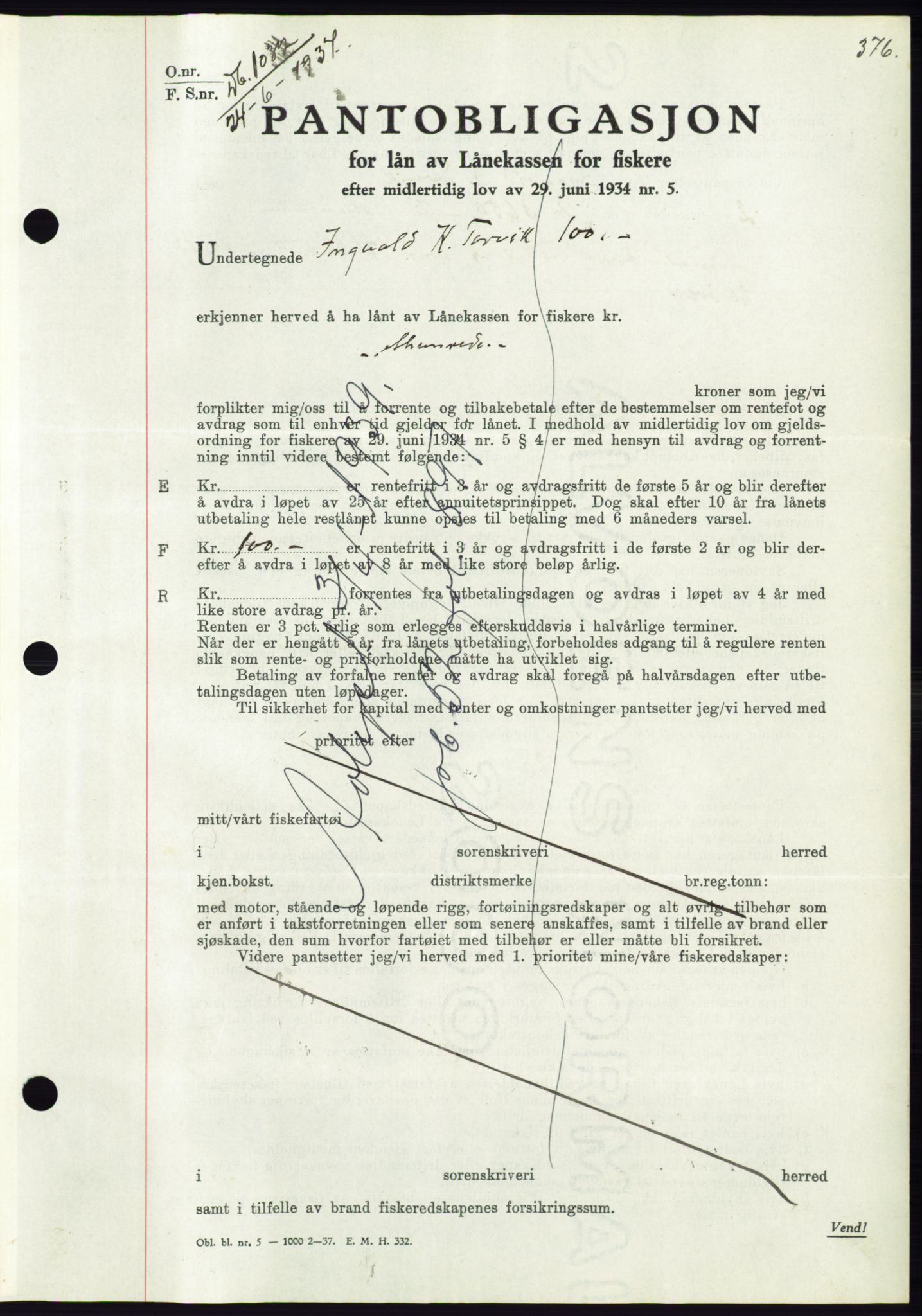 Søre Sunnmøre sorenskriveri, AV/SAT-A-4122/1/2/2C/L0063: Mortgage book no. 57, 1937-1937, Diary no: : 1032/1937