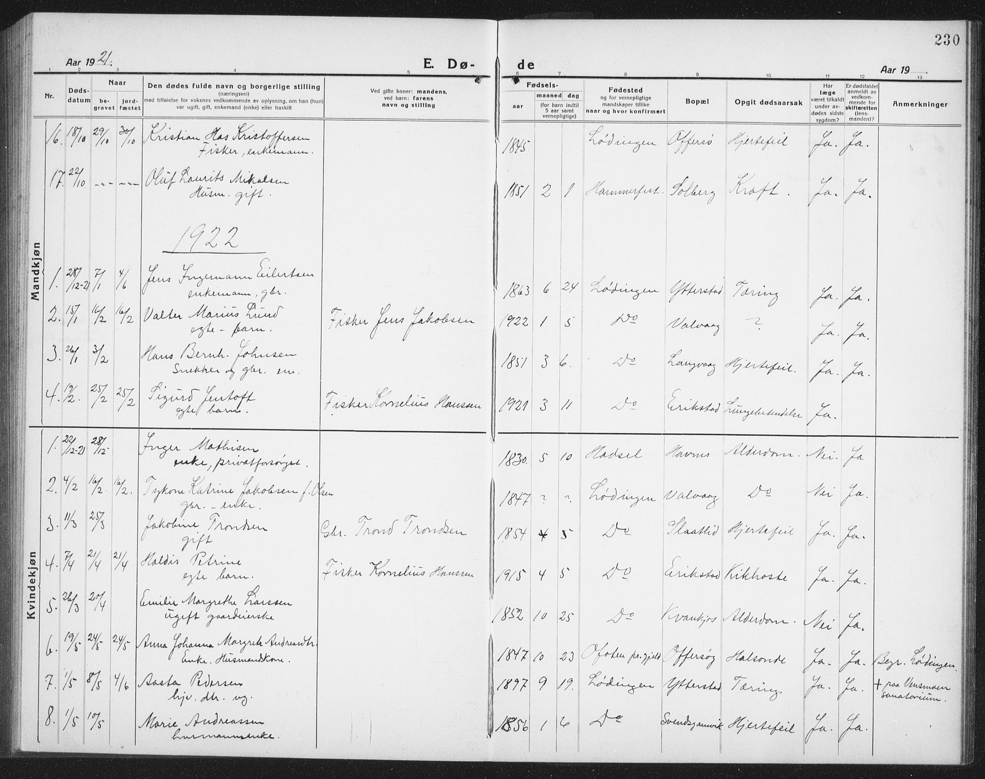 Ministerialprotokoller, klokkerbøker og fødselsregistre - Nordland, AV/SAT-A-1459/872/L1049: Parish register (copy) no. 872C05, 1920-1938, p. 230