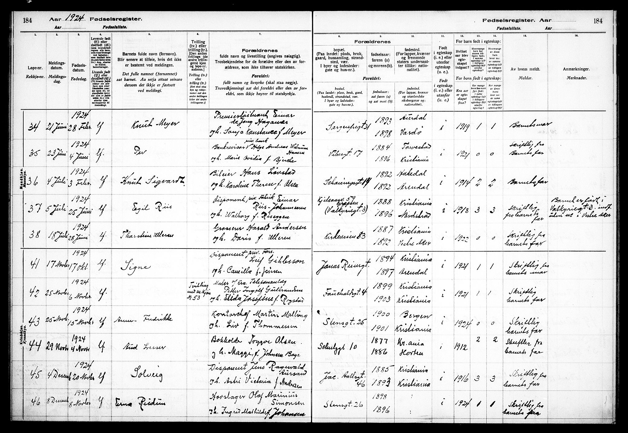 Fagerborg prestekontor Kirkebøker, AV/SAO-A-10844/J/Ja/L0001: Birth register no. 1, 1916-1925, p. 184