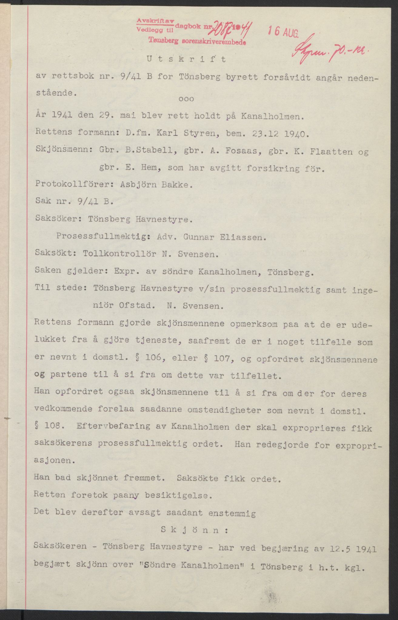 Tønsberg sorenskriveri, AV/SAKO-A-130/G/Ga/Gaa/L0010: Mortgage book no. A10, 1941-1941, Diary no: : 2087/1941