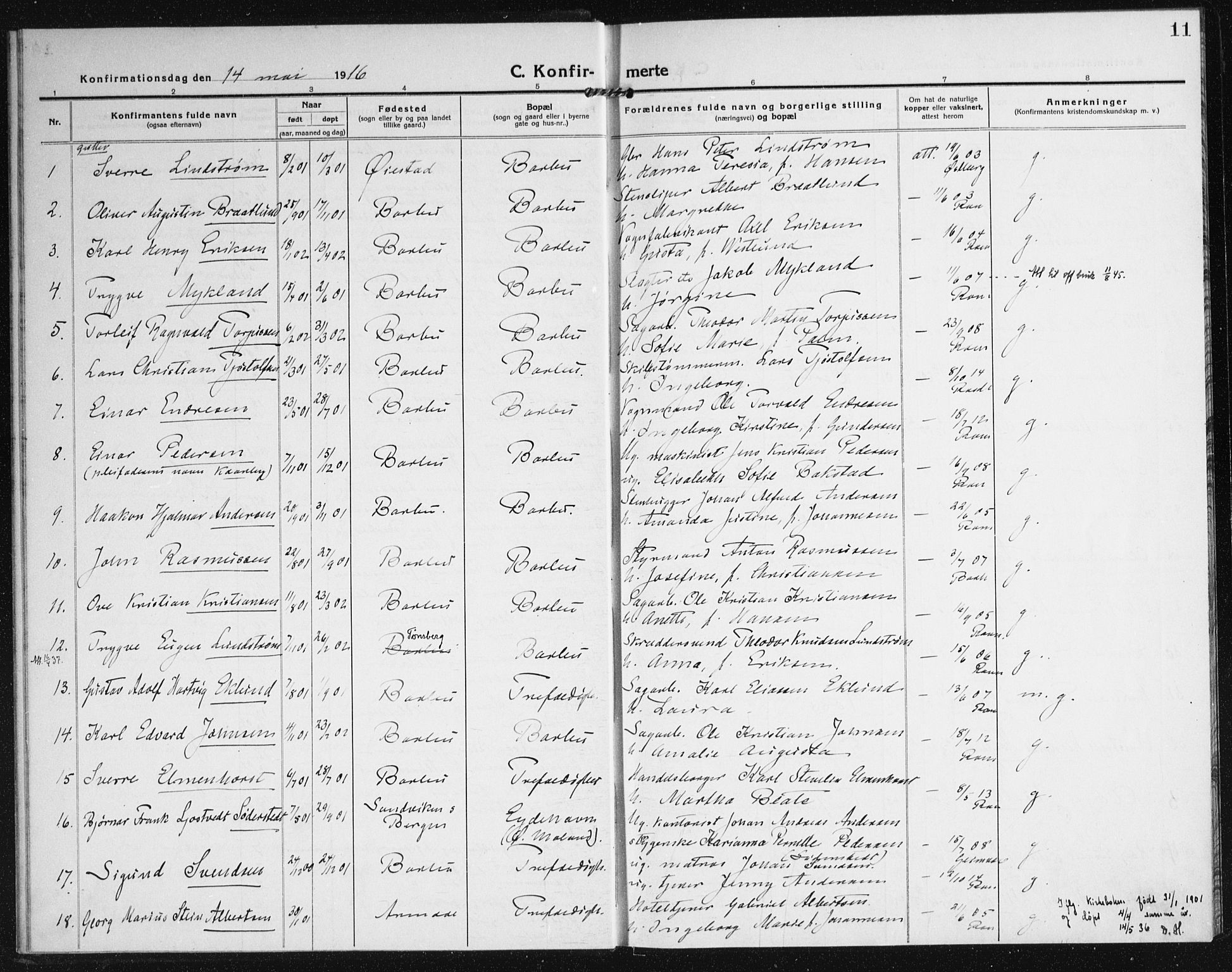 Arendal sokneprestkontor, Trefoldighet, SAK/1111-0040/F/Fa/L0011: Parish register (official) no. A 11, 1915-1919, p. 11