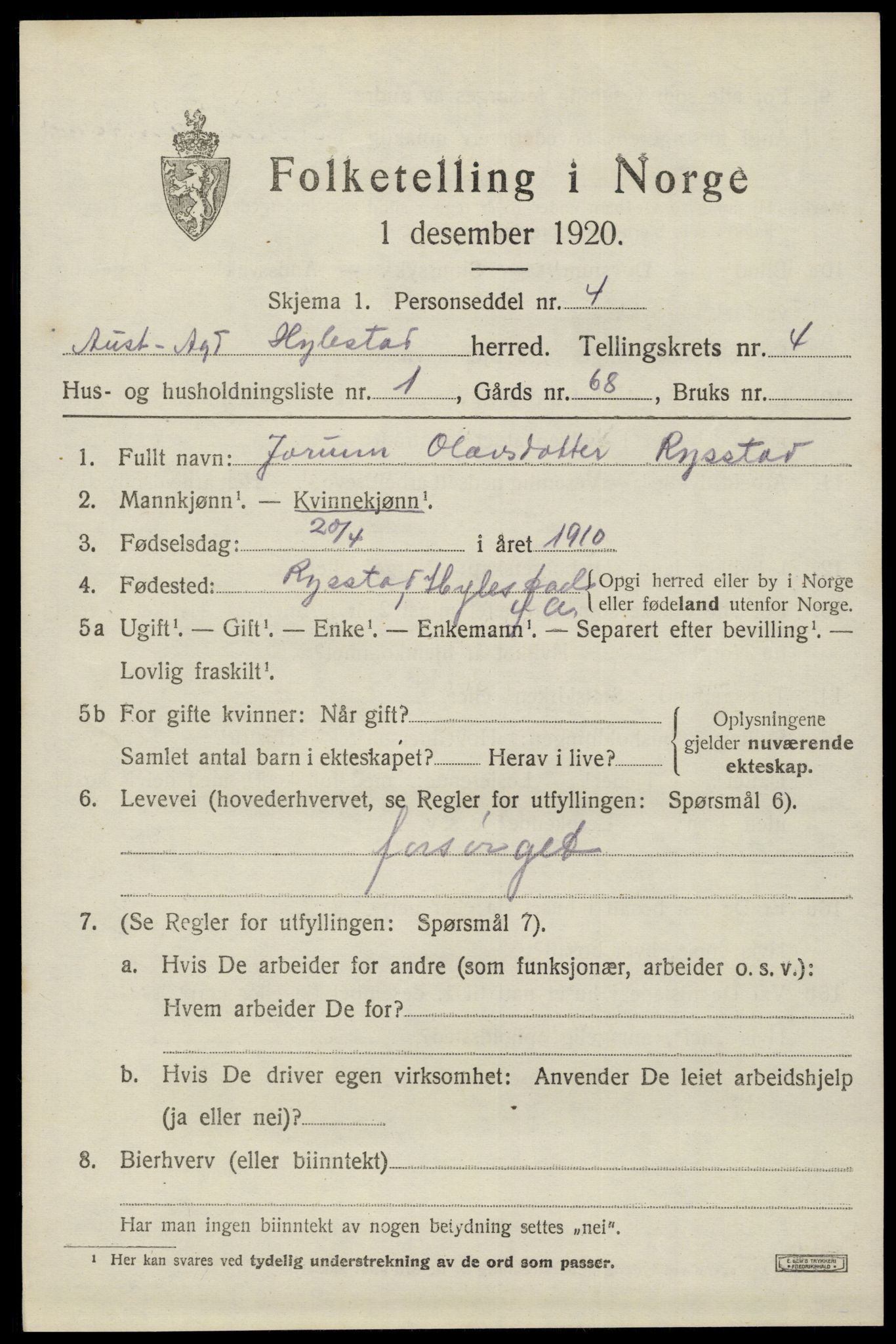 SAK, 1920 census for Hylestad, 1920, p. 1116
