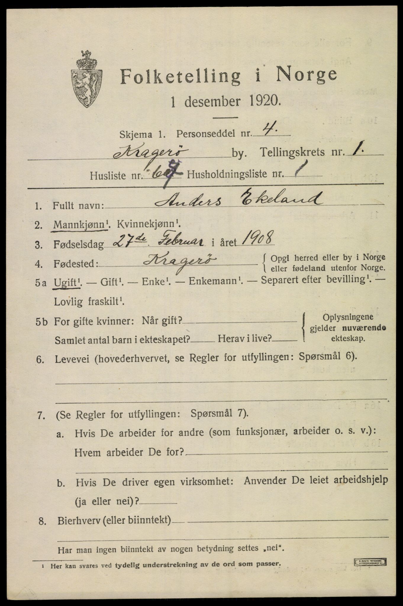 SAKO, 1920 census for Kragerø, 1920, p. 4971