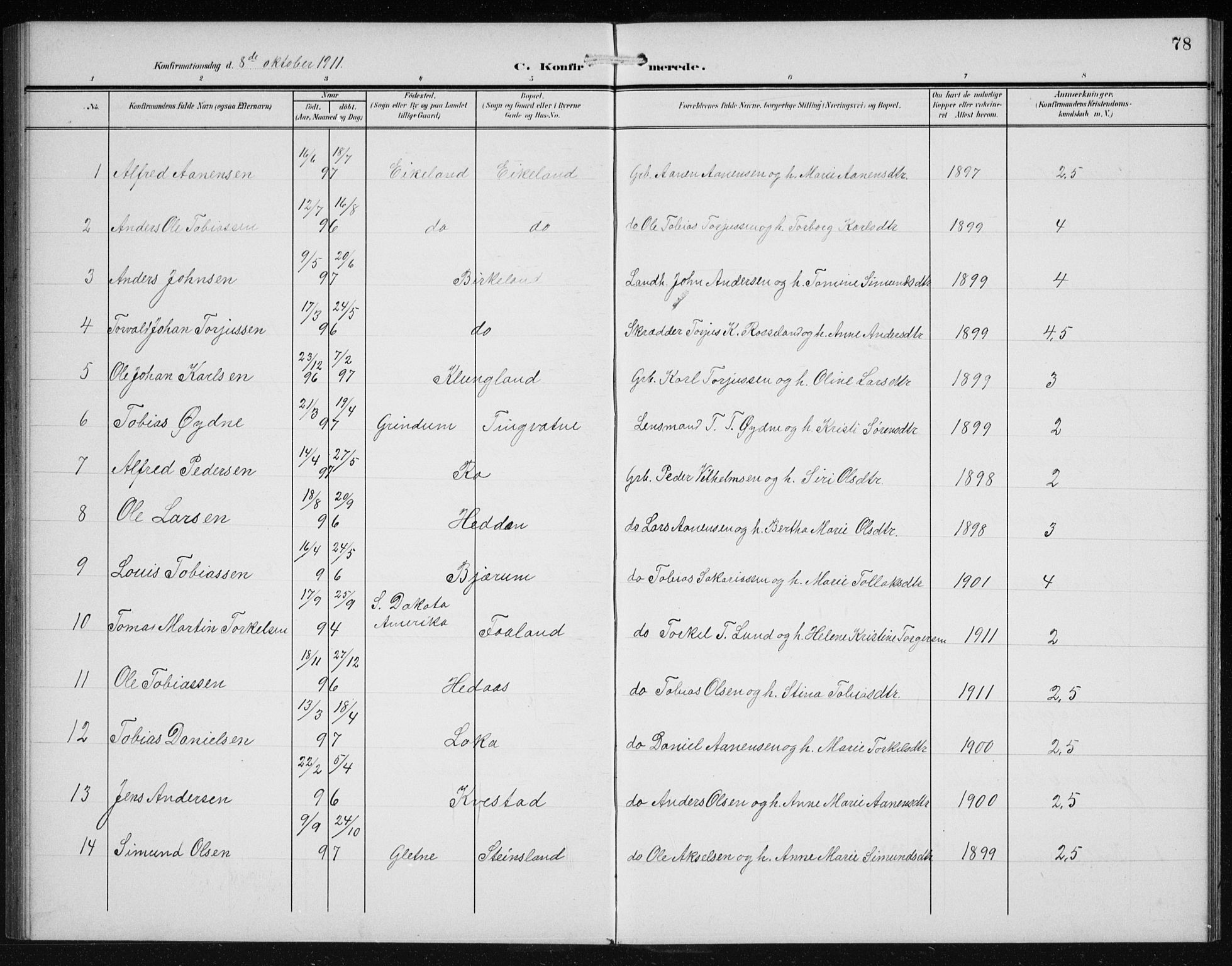 Hægebostad sokneprestkontor, AV/SAK-1111-0024/F/Fb/Fba/L0005: Parish register (copy) no. B 5, 1907-1931, p. 78