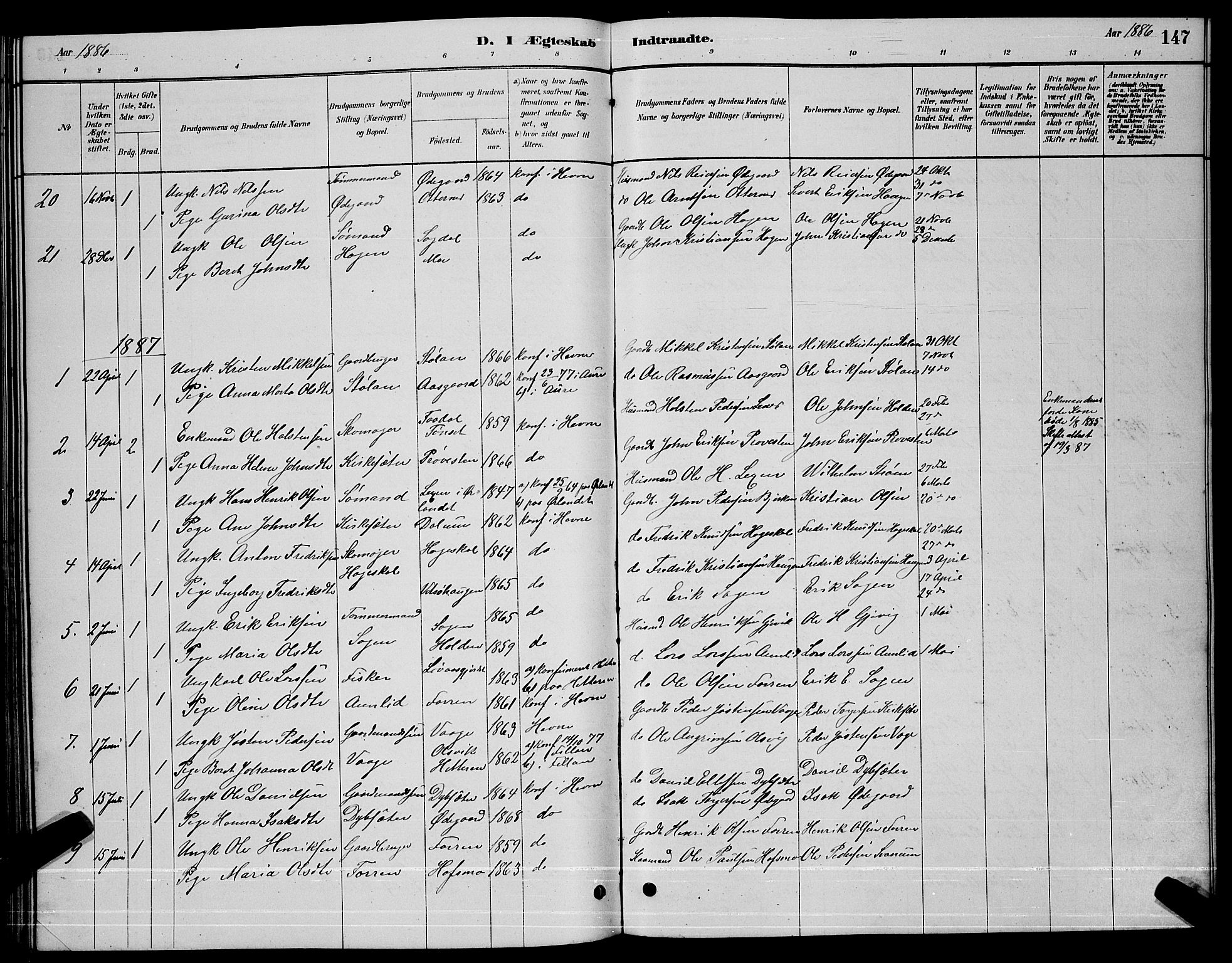 Ministerialprotokoller, klokkerbøker og fødselsregistre - Sør-Trøndelag, AV/SAT-A-1456/630/L0504: Parish register (copy) no. 630C02, 1879-1898, p. 147