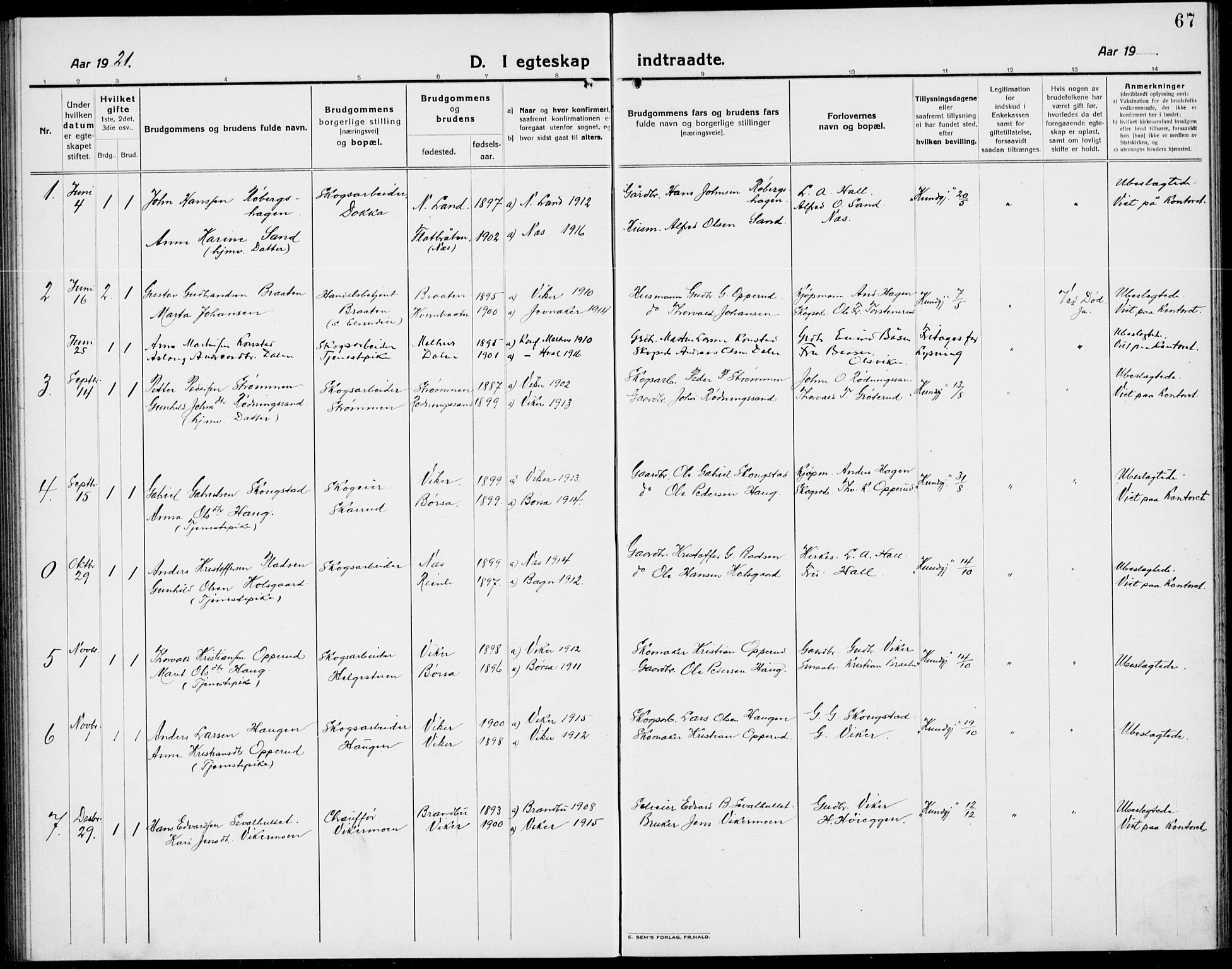 Ådal kirkebøker, AV/SAKO-A-248/G/Ga/L0005: Parish register (copy) no. I 5, 1921-1938, p. 67