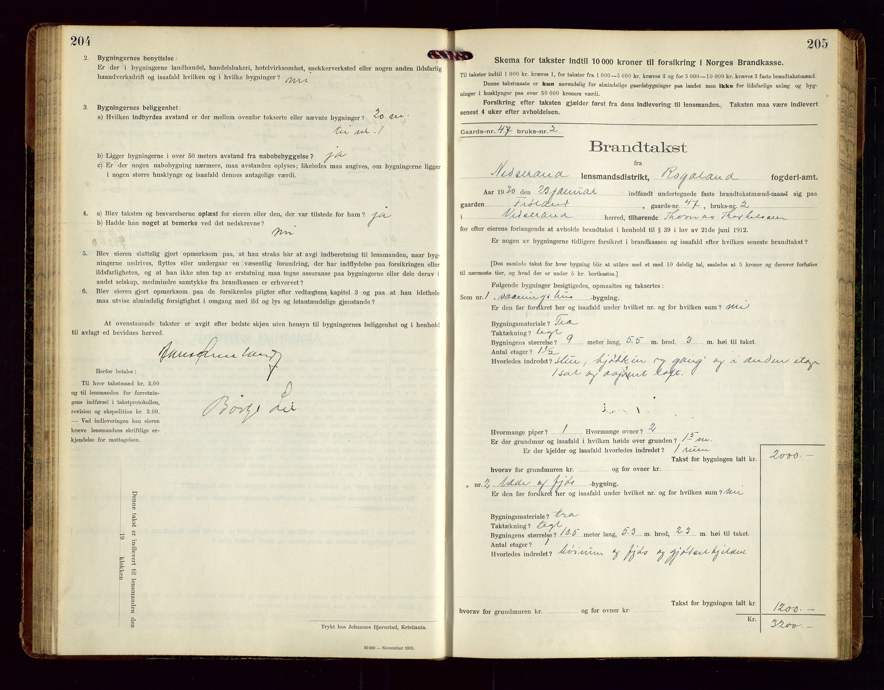 Nedstrand lensmannskontor, SAST/A-100236/Gob/L0002: "Brandtakstprotokol for Nerstrand lensmandsdistrikt Rogaland Fylke", 1916-1949, p. 204-205