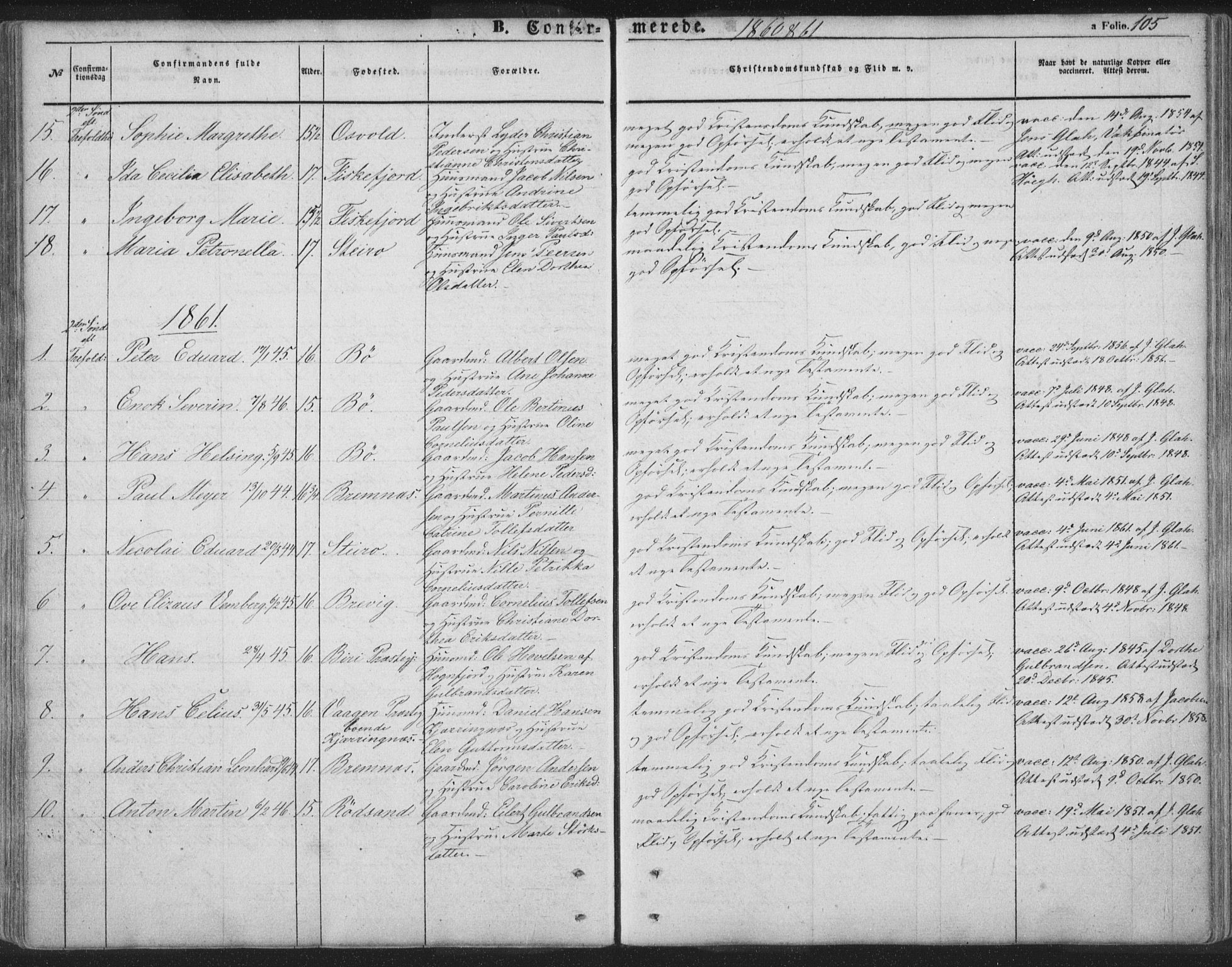 Ministerialprotokoller, klokkerbøker og fødselsregistre - Nordland, AV/SAT-A-1459/895/L1369: Parish register (official) no. 895A04, 1852-1872, p. 105