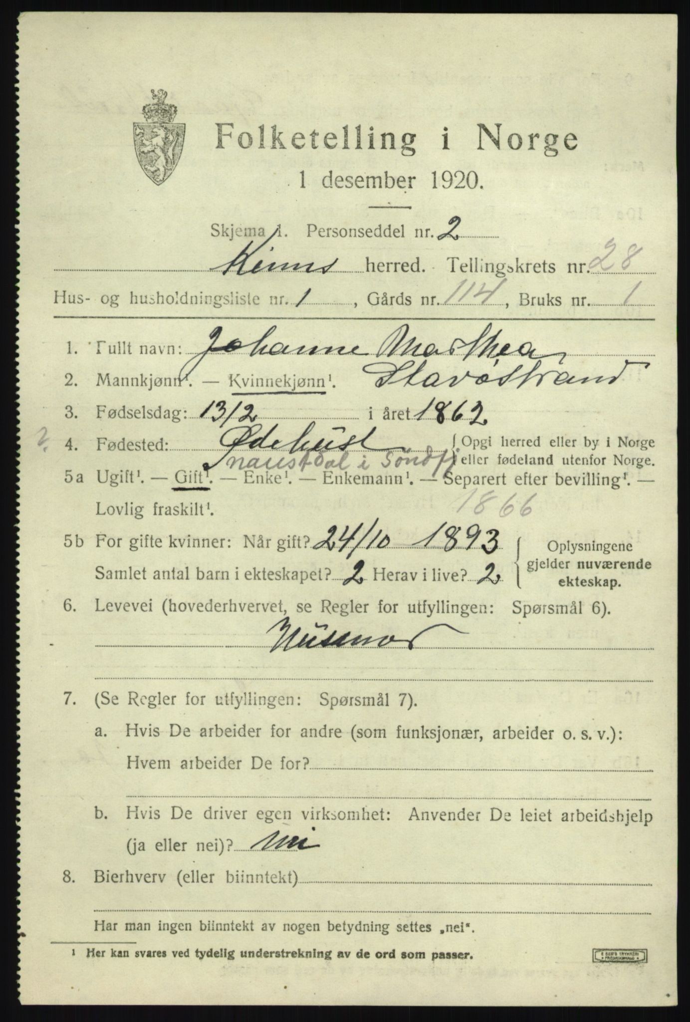 SAB, 1920 census for Kinn, 1920, p. 9555