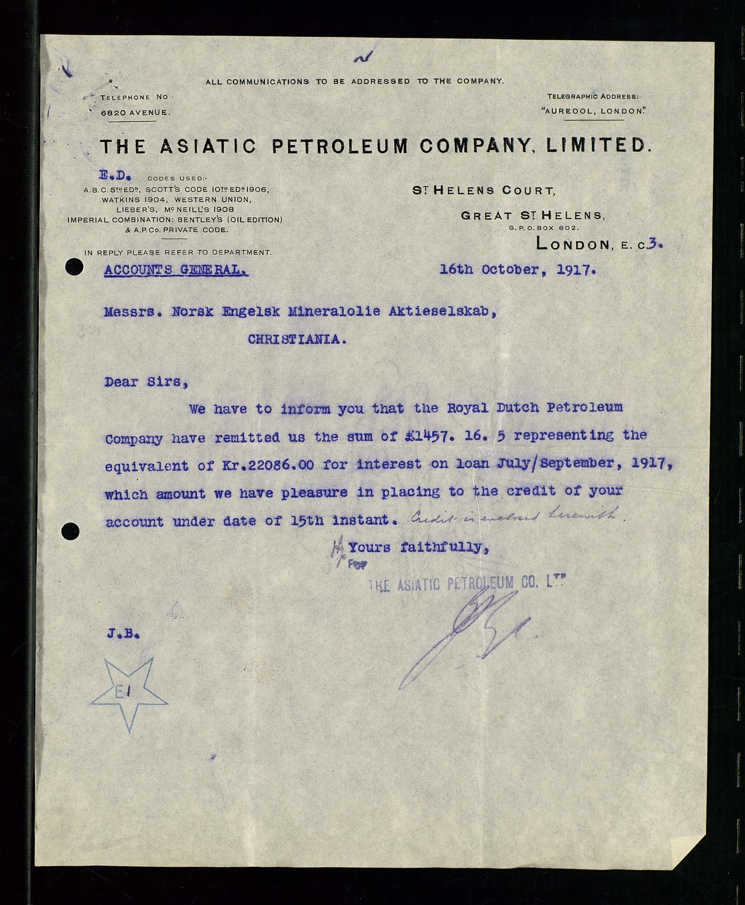 Pa 1521 - A/S Norske Shell, AV/SAST-A-101915/E/Ea/Eaa/L0001: Sjefskorrespondanse, 1917, p. 87