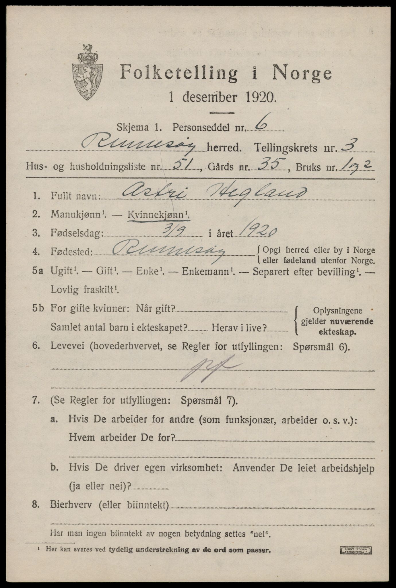 SAST, 1920 census for Rennesøy, 1920, p. 2556
