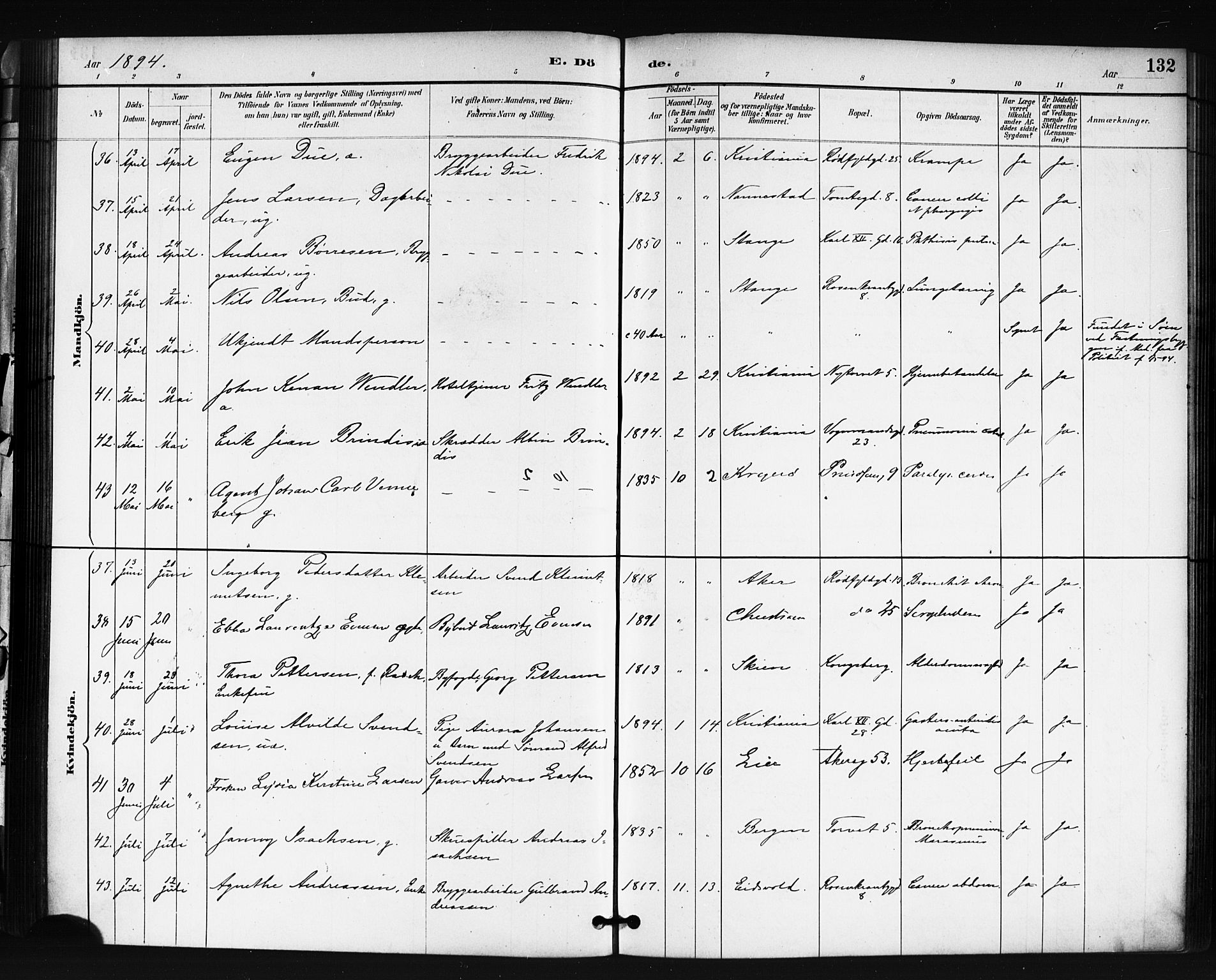 Oslo domkirke Kirkebøker, SAO/A-10752/F/Fa/L0035: Parish register (official) no. 35, 1885-1901, p. 132