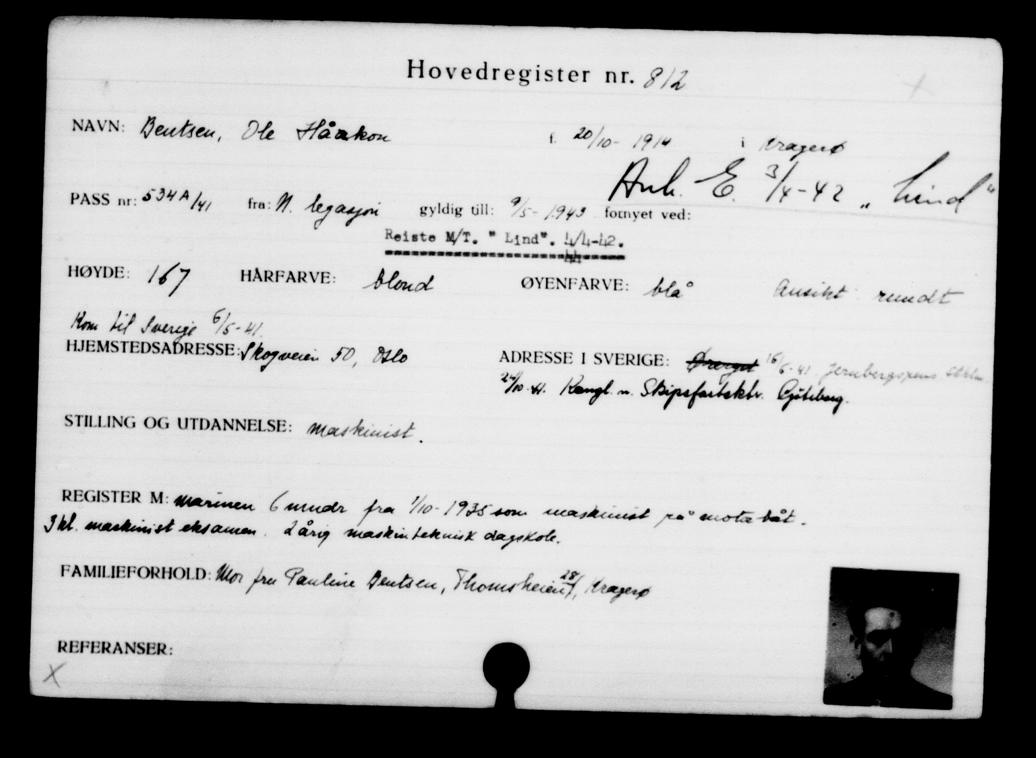 Utenriksstasjonene, Legasjonen i Stockholm, Flyktningkontoret, AV/RA-S-6753/V/Va/L0001: Kjesäterkartoteket, flyktninger med registreringsnr. 1-1000, 1940-1945, p. 1285