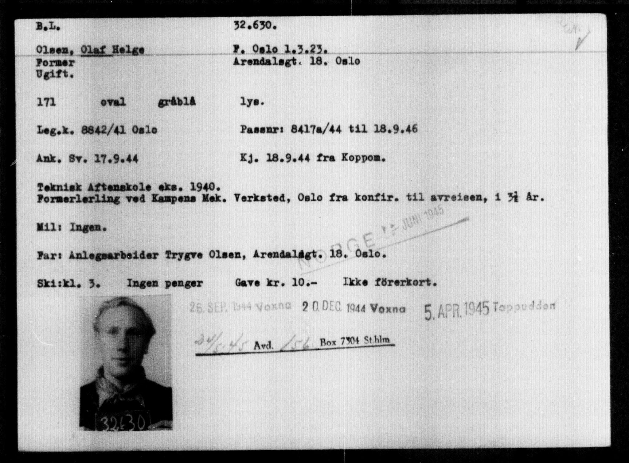 Utenriksstasjonene, Legasjonen i Stockholm, Flyktningkontoret, AV/RA-S-6753/V/Va/L0013: Kjesäterkartoteket, flyktninger med registreringsnr. 31500-34731, 1940-1945, p. 1193