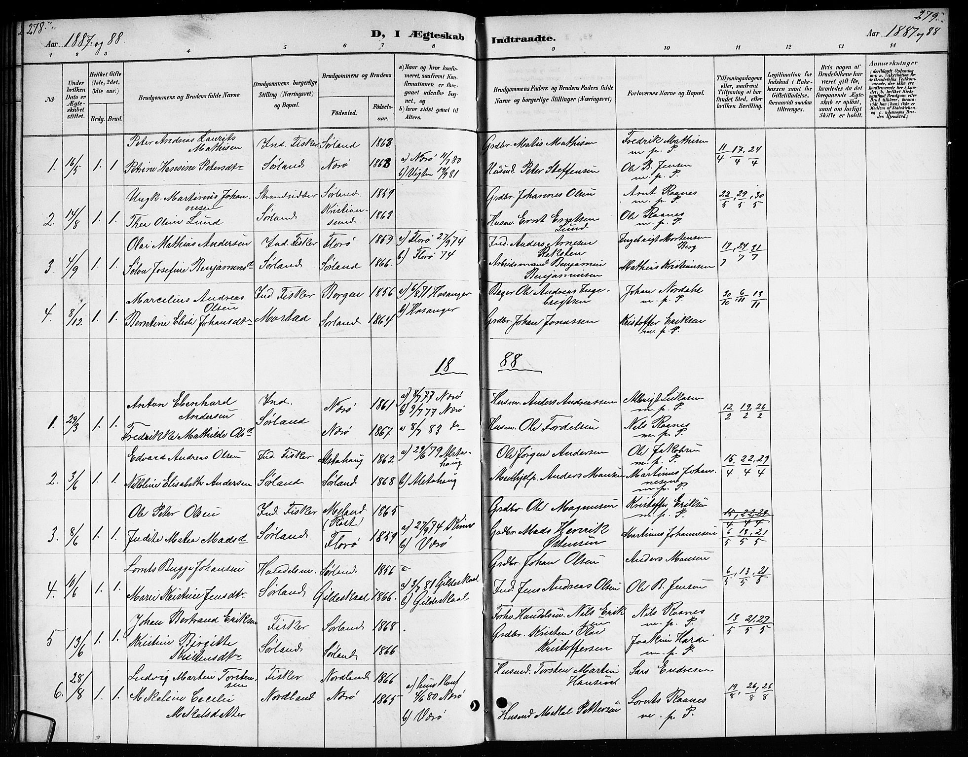 Ministerialprotokoller, klokkerbøker og fødselsregistre - Nordland, AV/SAT-A-1459/807/L0123: Parish register (copy) no. 807C01, 1884-1910, p. 278-279