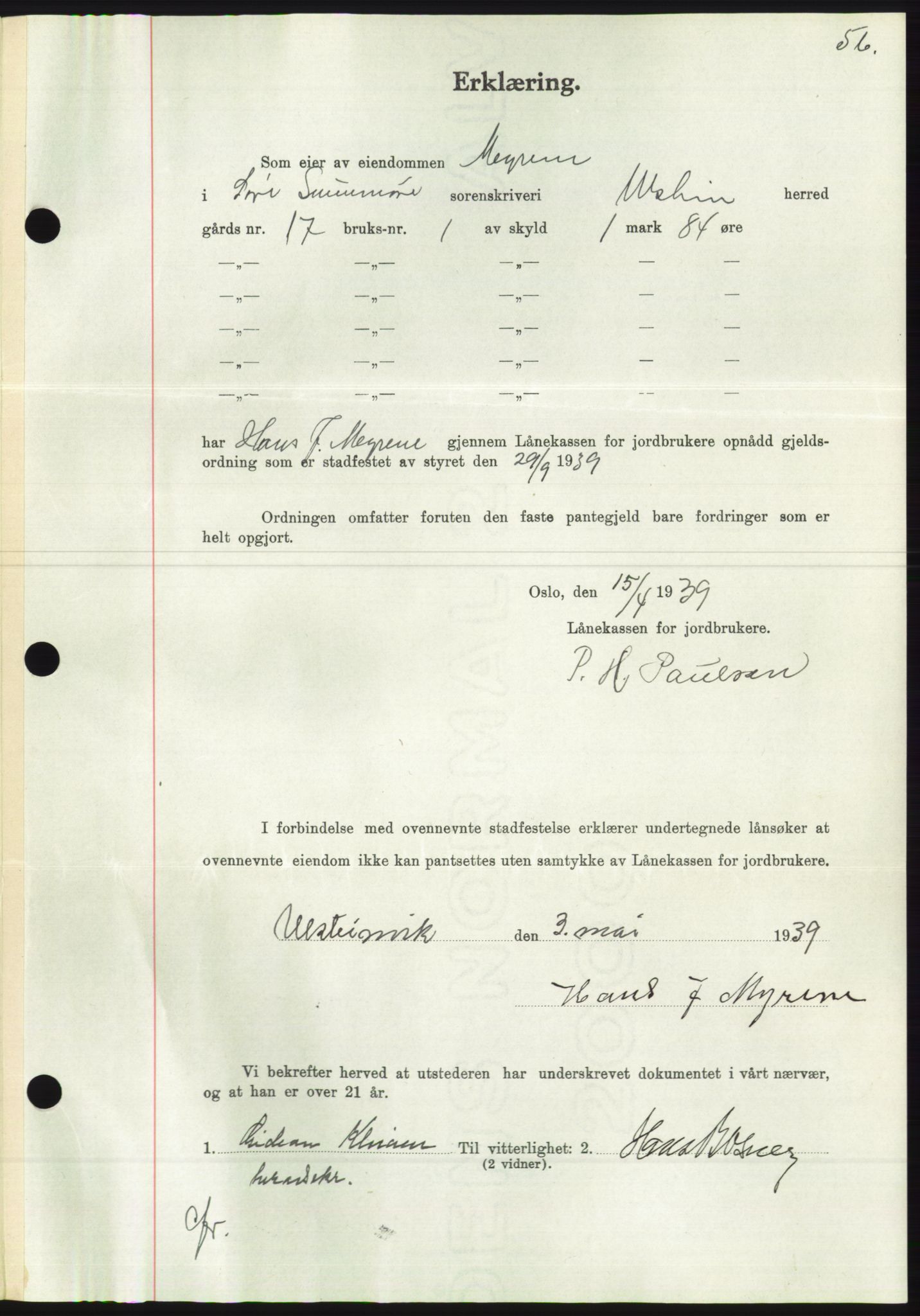 Søre Sunnmøre sorenskriveri, AV/SAT-A-4122/1/2/2C/L0068: Mortgage book no. 62, 1939-1939, Diary no: : 690/1939