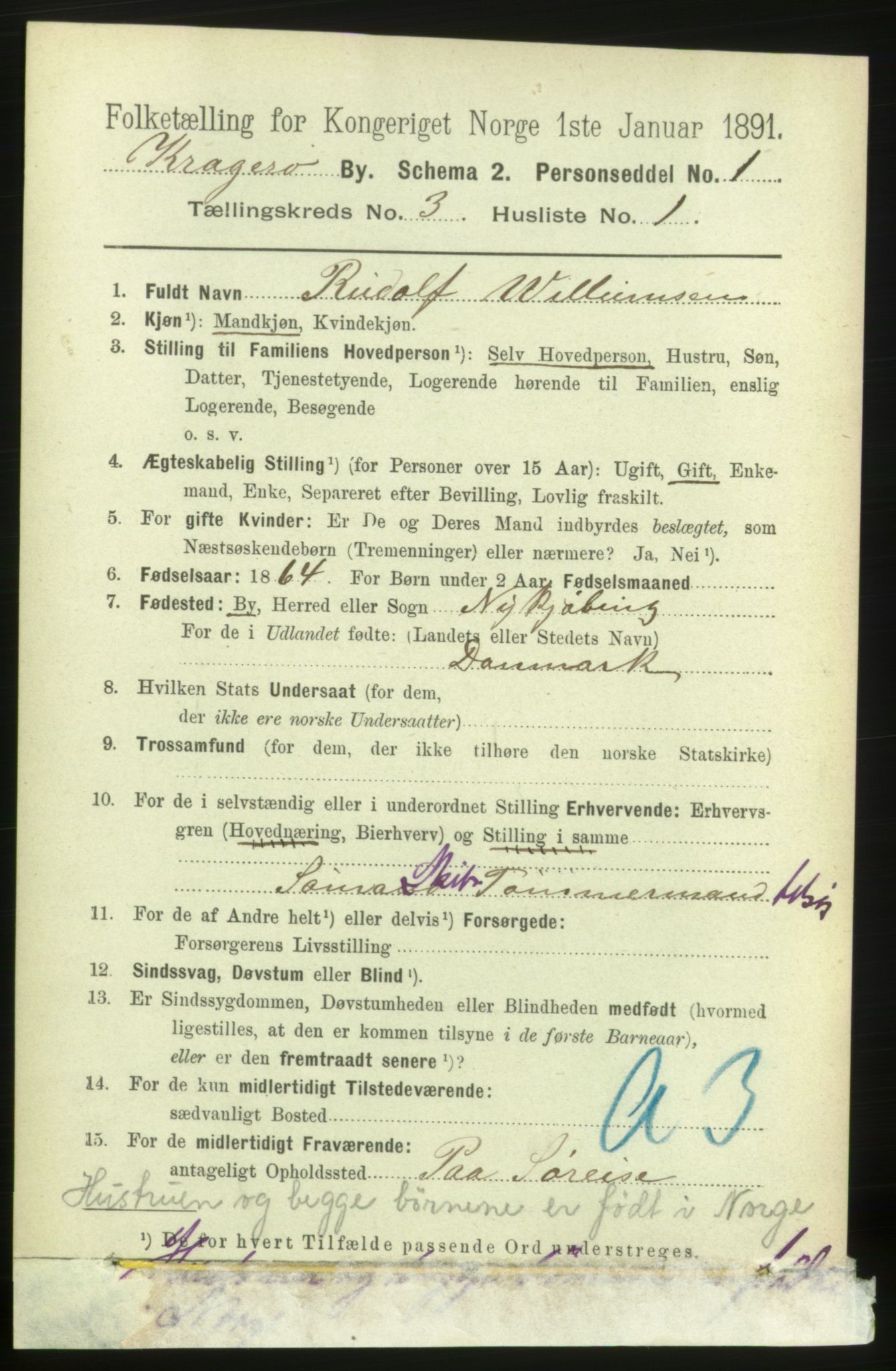 RA, 1891 census for 0801 Kragerø, 1891, p. 2662