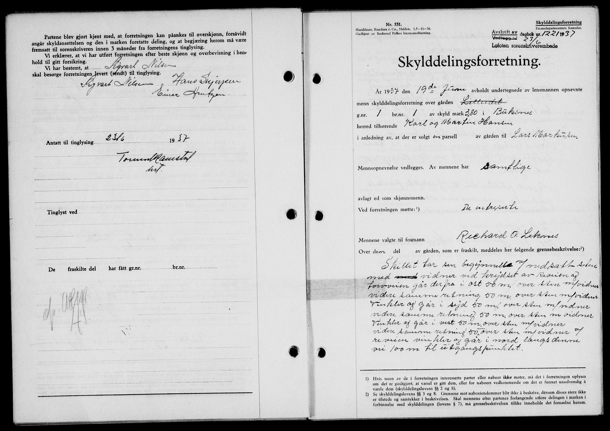 Lofoten sorenskriveri, SAT/A-0017/1/2/2C/L0002a: Mortgage book no. 2a, 1937-1937, Diary no: : 1221/1937