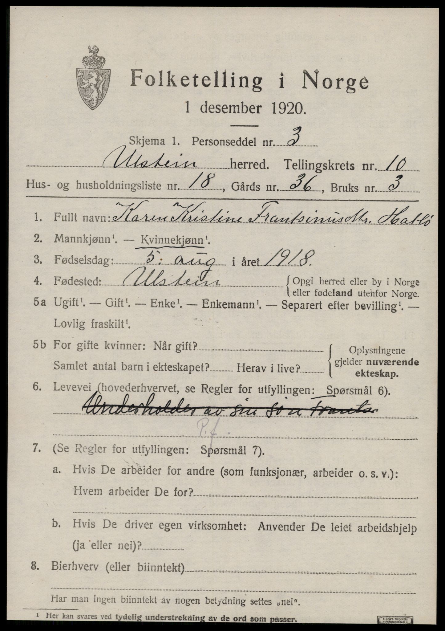 SAT, 1920 census for Ulstein, 1920, p. 5582