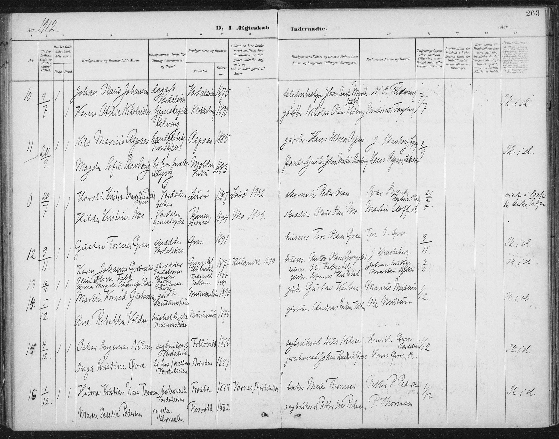 Ministerialprotokoller, klokkerbøker og fødselsregistre - Nord-Trøndelag, SAT/A-1458/723/L0246: Parish register (official) no. 723A15, 1900-1917, p. 263