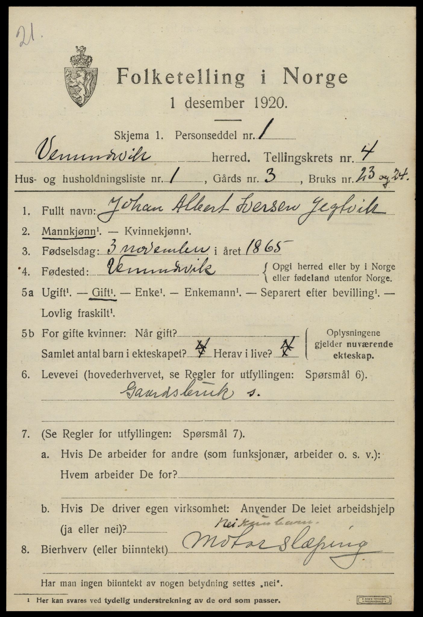 SAT, 1920 census for Vemundvik, 1920, p. 4215