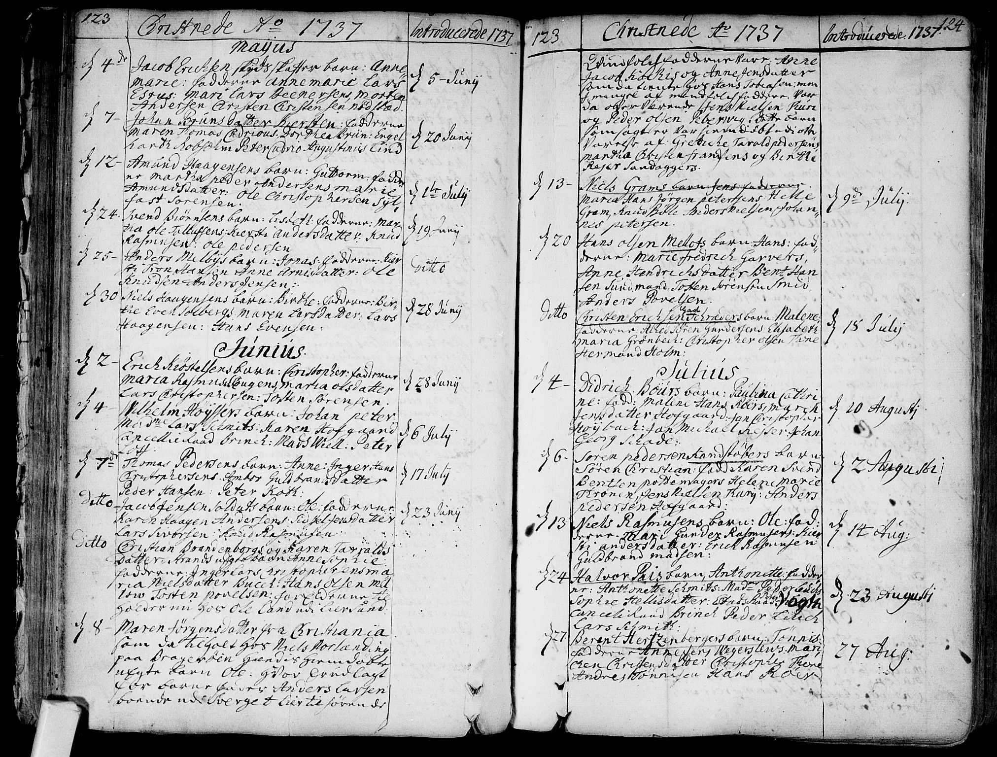 Bragernes kirkebøker, AV/SAKO-A-6/F/Fa/L0004: Parish register (official) no. I 4, 1734-1759, p. 123-124