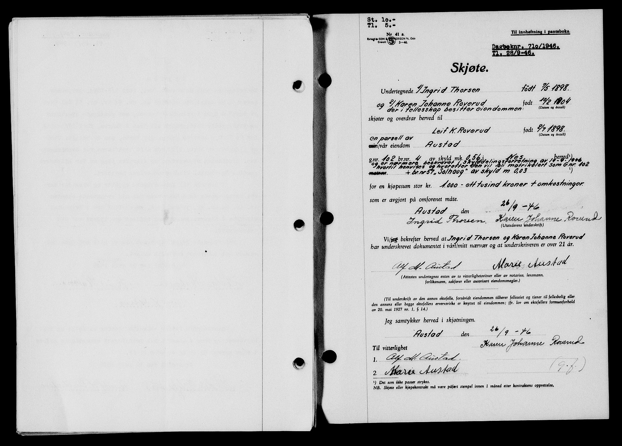 Flekkefjord sorenskriveri, AV/SAK-1221-0001/G/Gb/Gba/L0060: Mortgage book no. A-8, 1945-1946, Diary no: : 710/1946