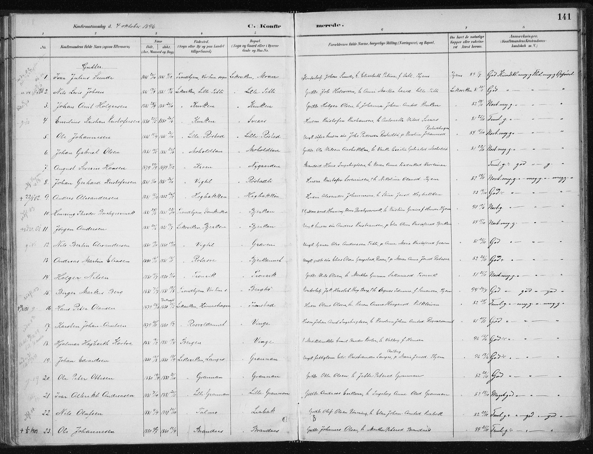 Ministerialprotokoller, klokkerbøker og fødselsregistre - Nord-Trøndelag, SAT/A-1458/701/L0010: Parish register (official) no. 701A10, 1883-1899, p. 141