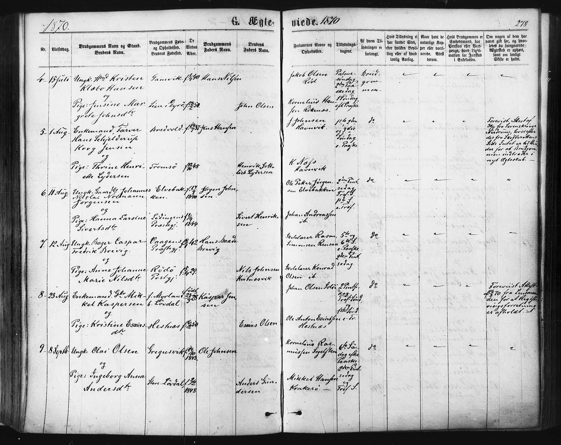 Ibestad sokneprestembete, SATØ/S-0077/H/Ha/Haa/L0010kirke: Parish register (official) no. 10, 1869-1879, p. 278