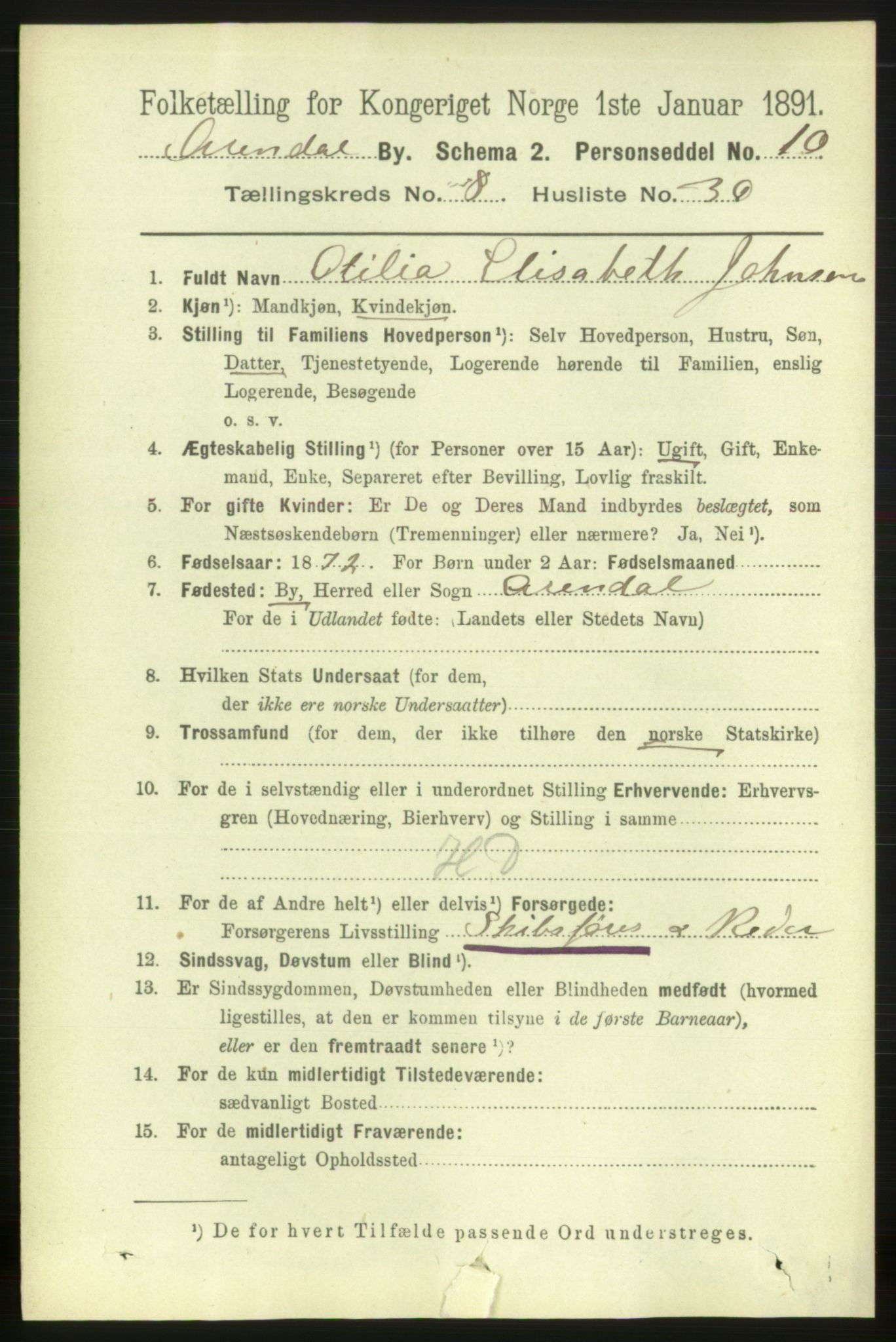 RA, 1891 census for 0903 Arendal, 1891, p. 3217