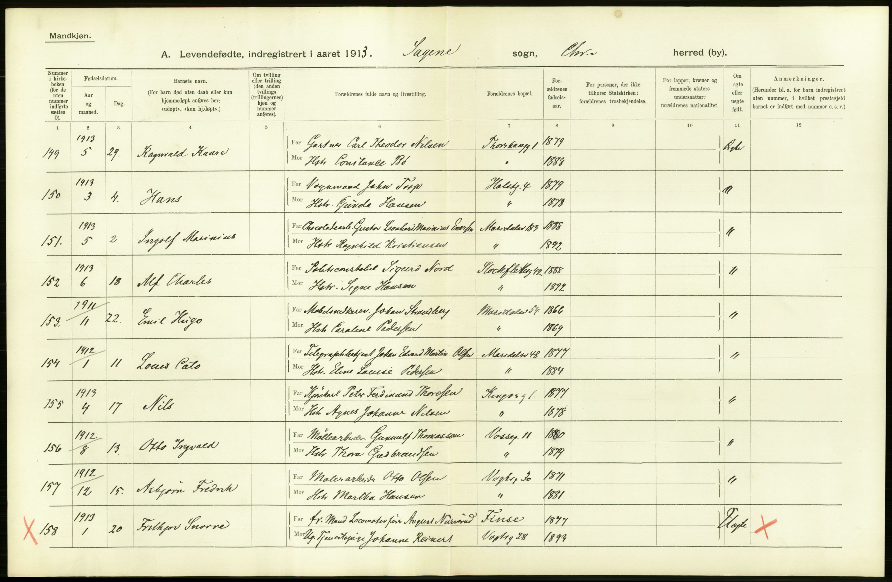 Statistisk sentralbyrå, Sosiodemografiske emner, Befolkning, AV/RA-S-2228/D/Df/Dfb/Dfbc/L0006: Kristiania: Levendefødte menn og kvinner., 1913, p. 30