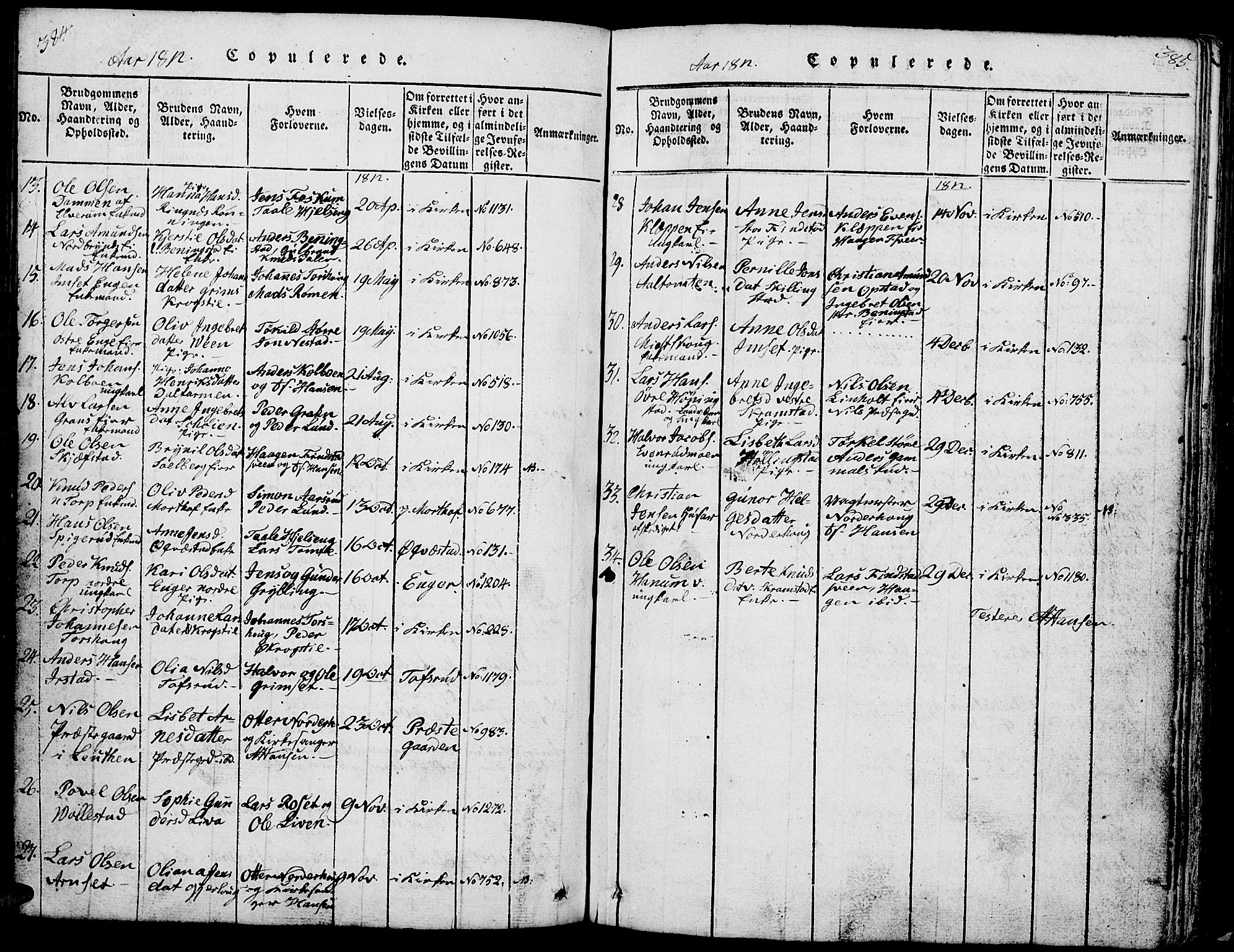 Løten prestekontor, AV/SAH-PREST-022/L/La/L0001: Parish register (copy) no. 1, 1812-1832, p. 384-385