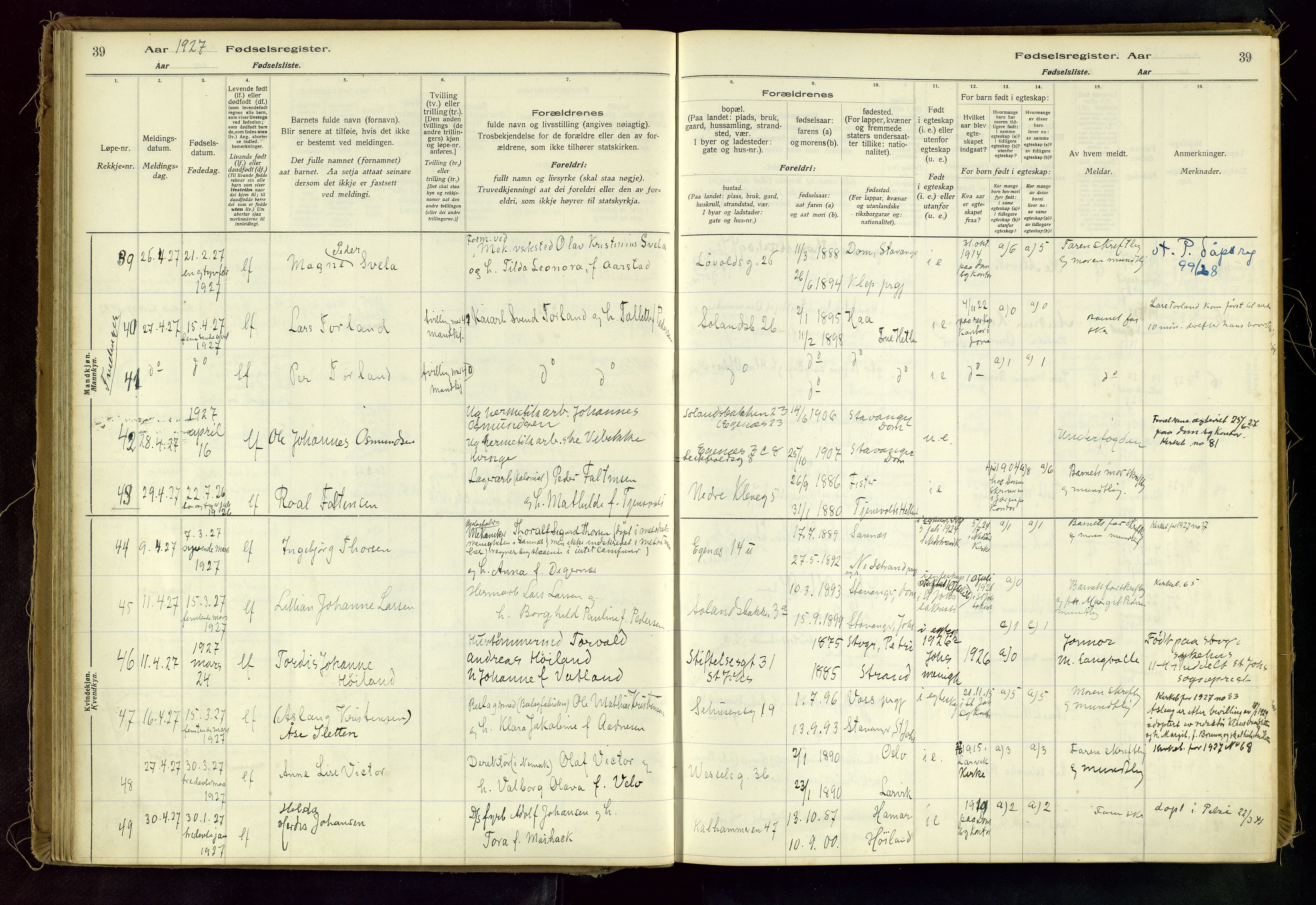 Domkirken sokneprestkontor, AV/SAST-A-101812/002/A/L0001: Birth register no. 1, 1925-1932, p. 39